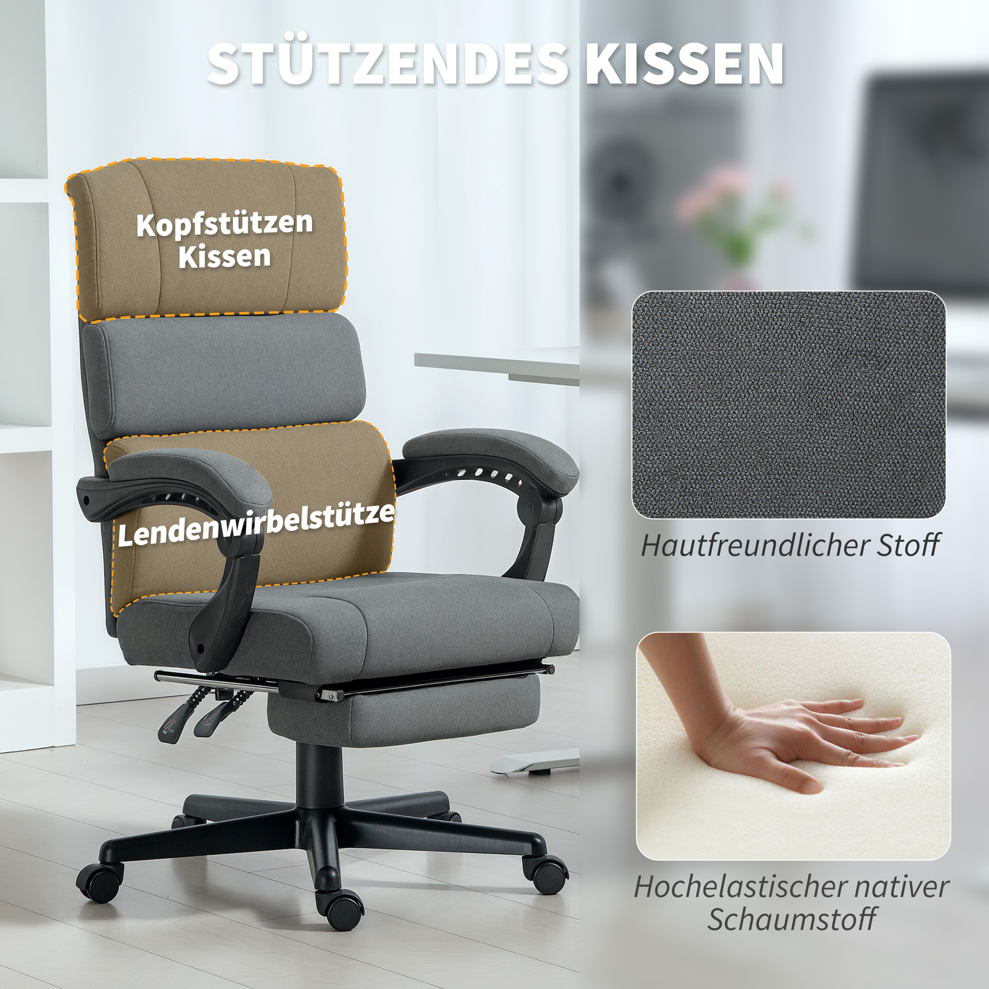 gepolsterter Bürostuhl mit Samt-Optik, höhenverstellbar, rollbar, Grau