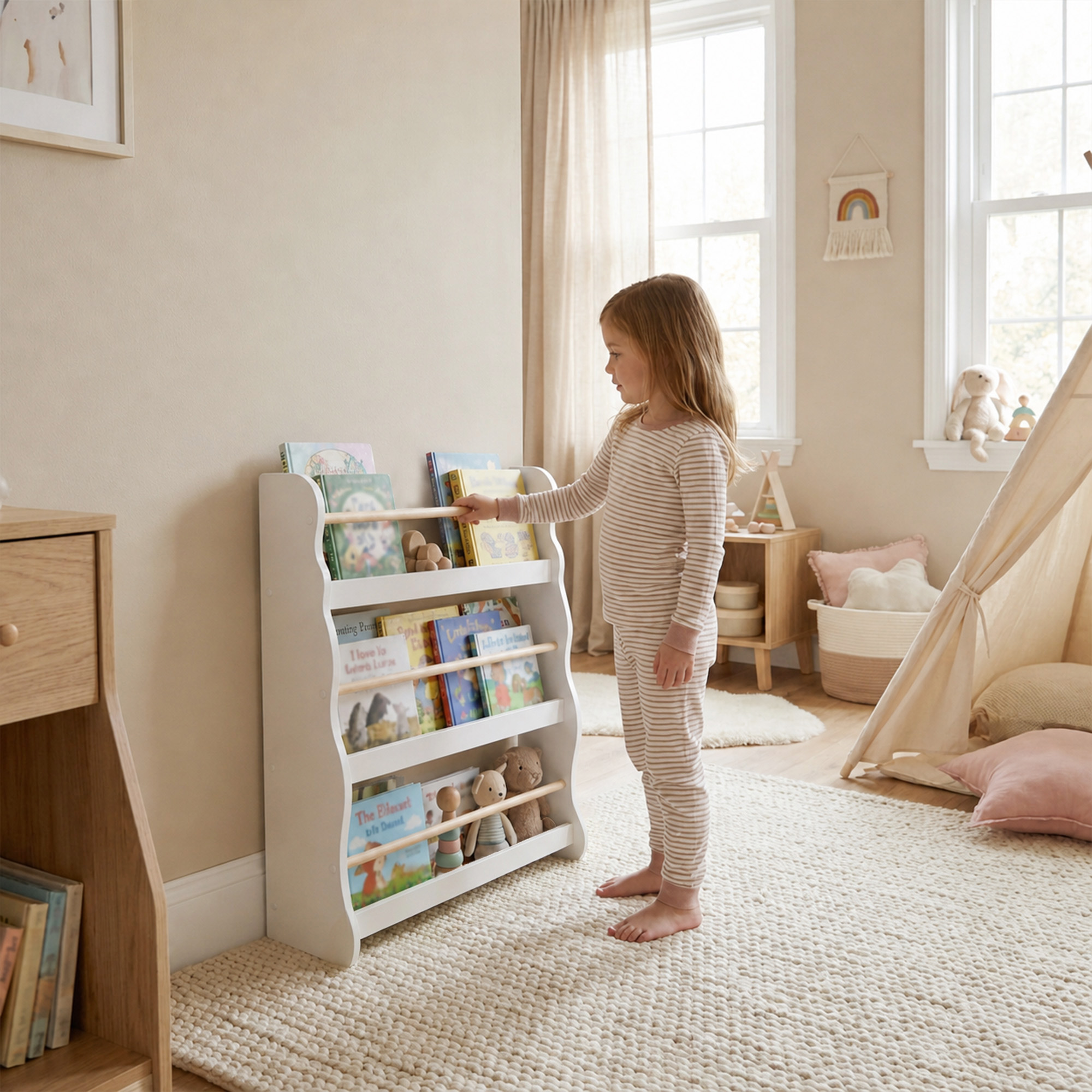 Bücherregal Kinder, Wandmontiert Kinderregal mit 3 Ebenen, Wandregal mit Kippschtz 60 x 15 x 73 cm Weiß