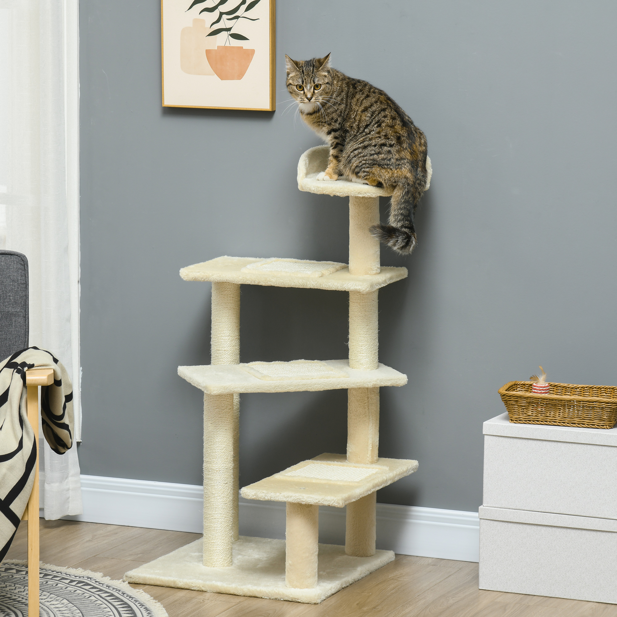 Kratzbaum 100 cm Katzenturm mit Sisalstämme, große Plattform, mehrstöckiger Katzenkratzbaum, Kletterbaum, für kleine & mittelgroße Katzen, Beige