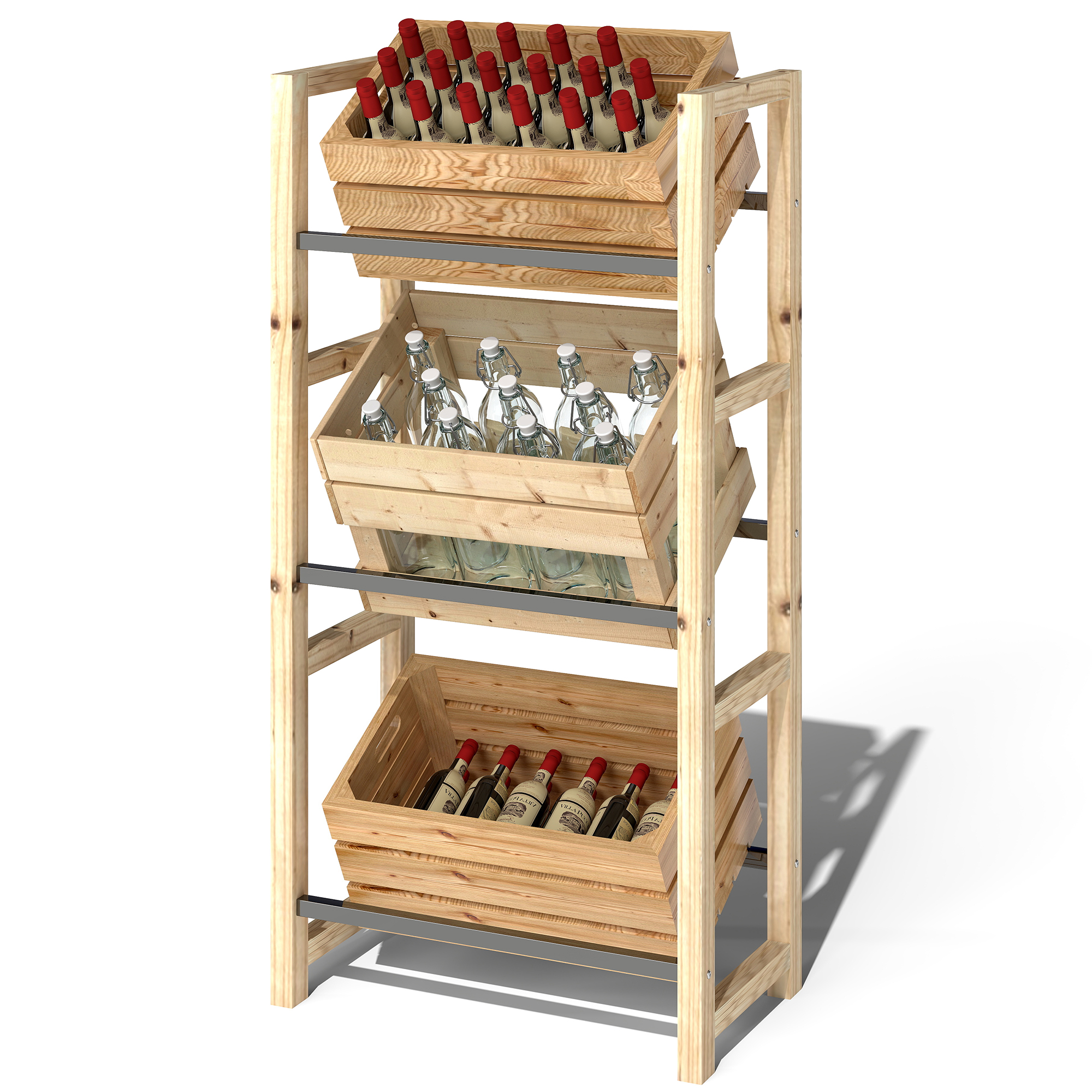 Getränkekistenregal für 3 Getränkekisten Getränkeregal Holz Kistenregal mit 3 Ebenen 56 x 32 x 112 cm Naturholz