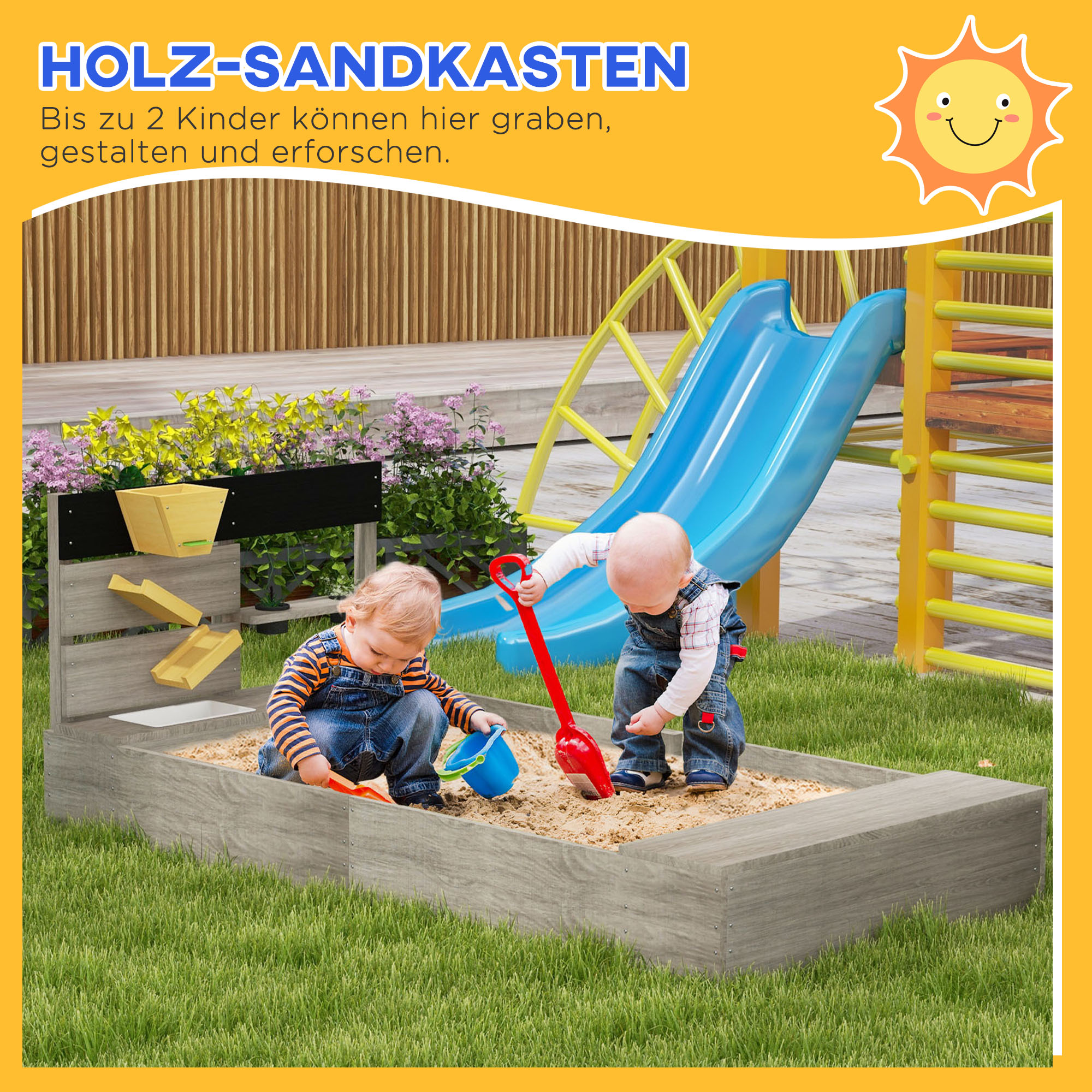 Sandkasten mit Wasserstation, 2 Pflanzkästen, behandeltes Massivholz, 154 x 80 x 60cm, Grau