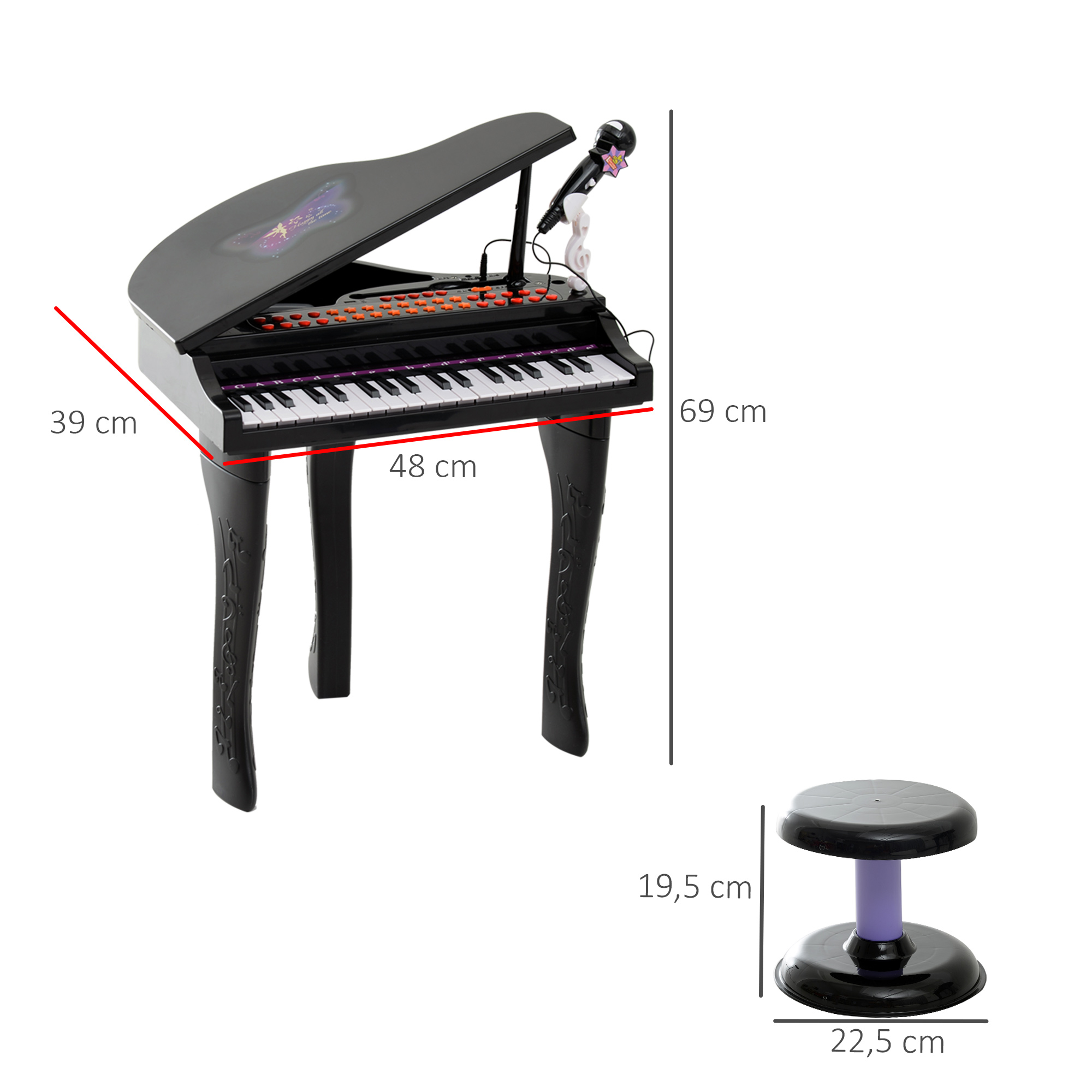 Keyboard Kinder mit 37 Tasten, Hocker Klavier mit Mikrofon, LED-Lehrmodus, Aufnahme, Piano Musikinstrument für 3-6 Jahre Kinder Schwarz