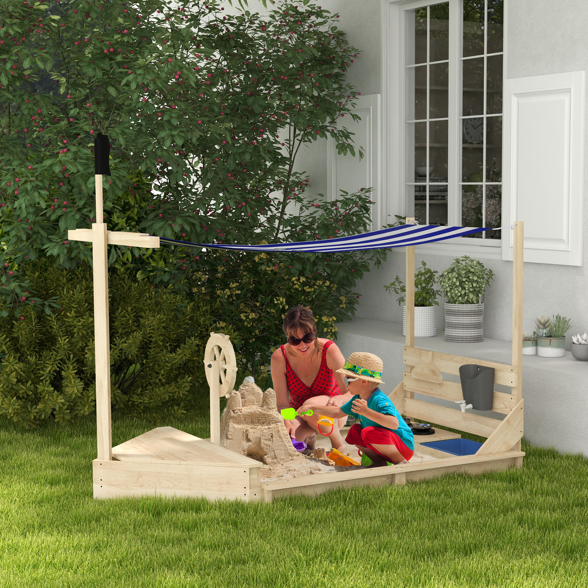 Sandkasten mit Sonnendach Piratenschiff, inkl. Kinderküchenspielset, Massivholz, 180 x 103 x 144,5 cm, Natur + Blau