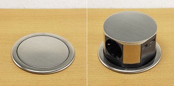 Schreibtisch-Einbausteckdose 3x +USB A+C, versenkbar, Edelstahl-Ausführung, rund