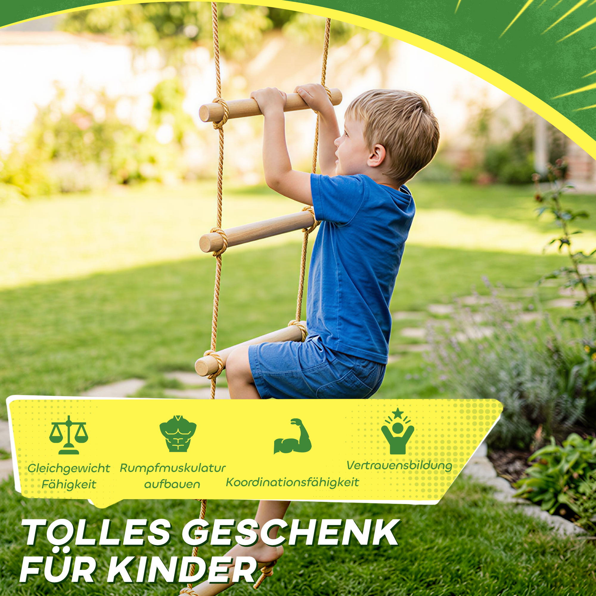 Strickleiter für Kinder 5-stufige Kletterleiter mit 2 Karabinern 2 Baumgurten für 3-8 Jahre 40 x 3,5 x 180 cm Naturholz