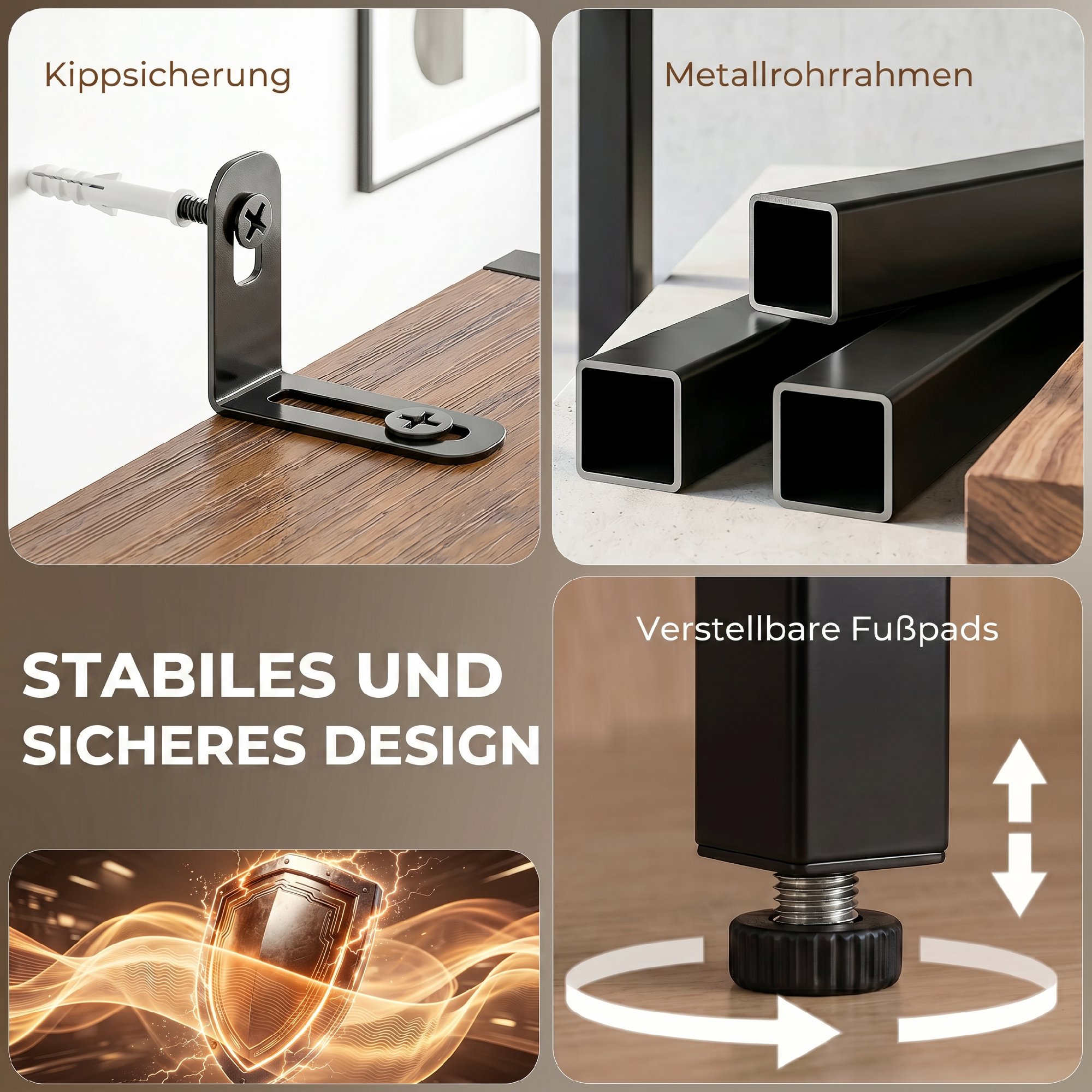 Computertisch mit Regalen und 2 Schubladen für das Home Office, 185 cm hoch, Braun Holzoptik