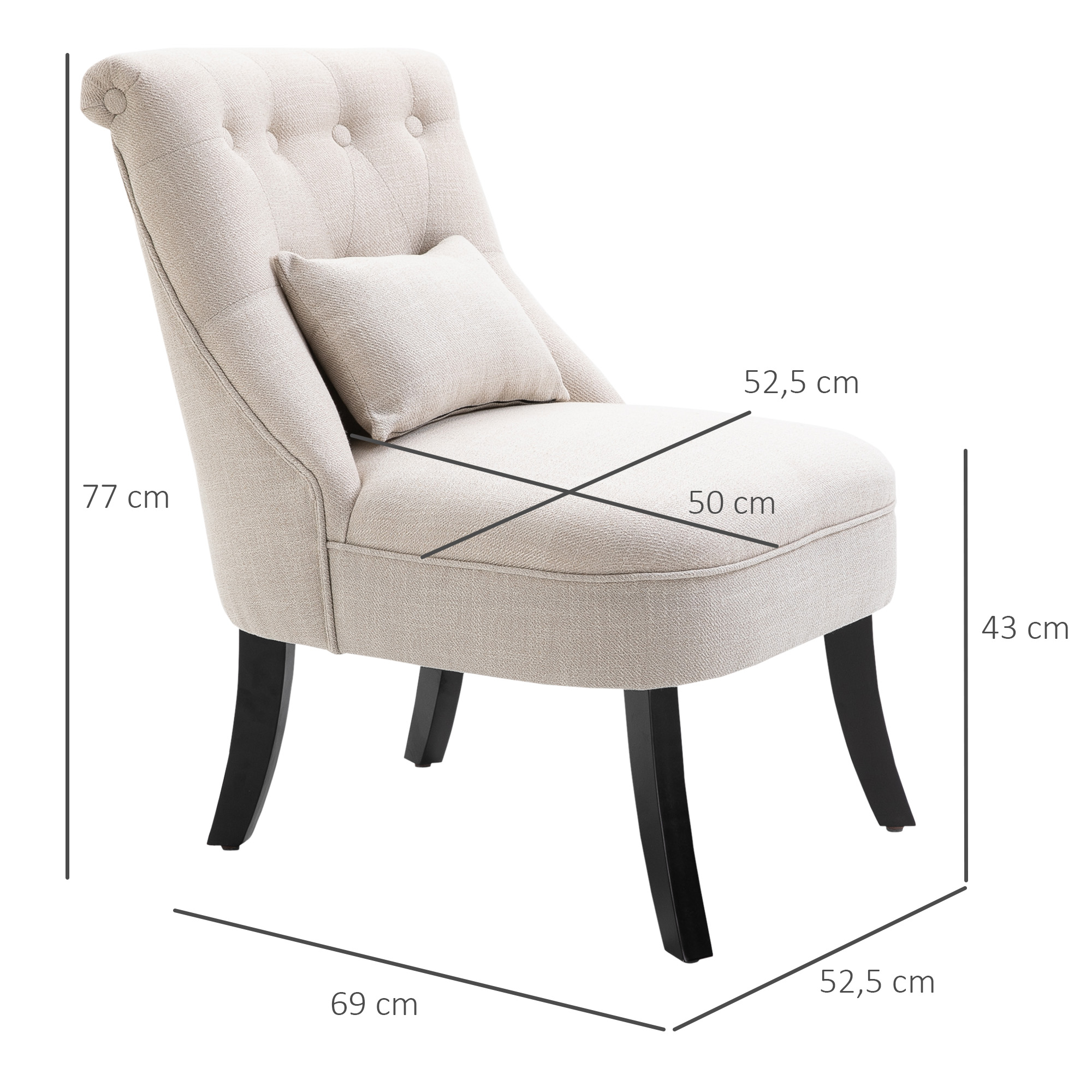 Weicher Polstersessel mit Rückenkissen, zum Lesen und Ausruhen, Stoffbezug in Leinenoptik, 52,5 x 69 x 77 cm, Cremeweiß
