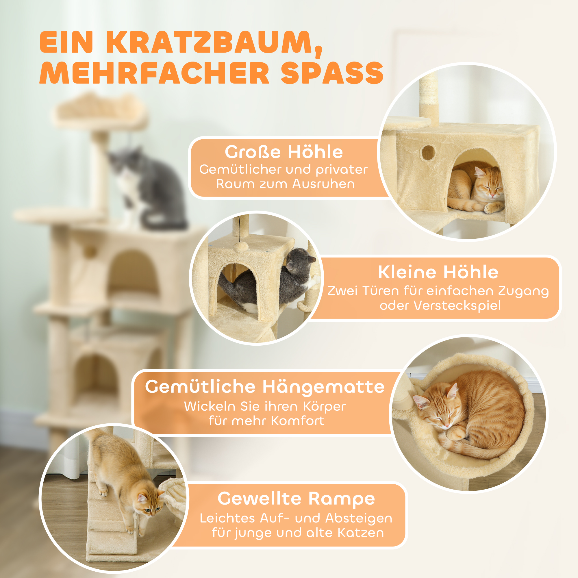 Kratzbaum 140 cm Katzenturm mit Hängematte, Leiter, Höhle, 2 Plüschballen, Sisalstämme, 48 x 48 x 140 cm, Beige