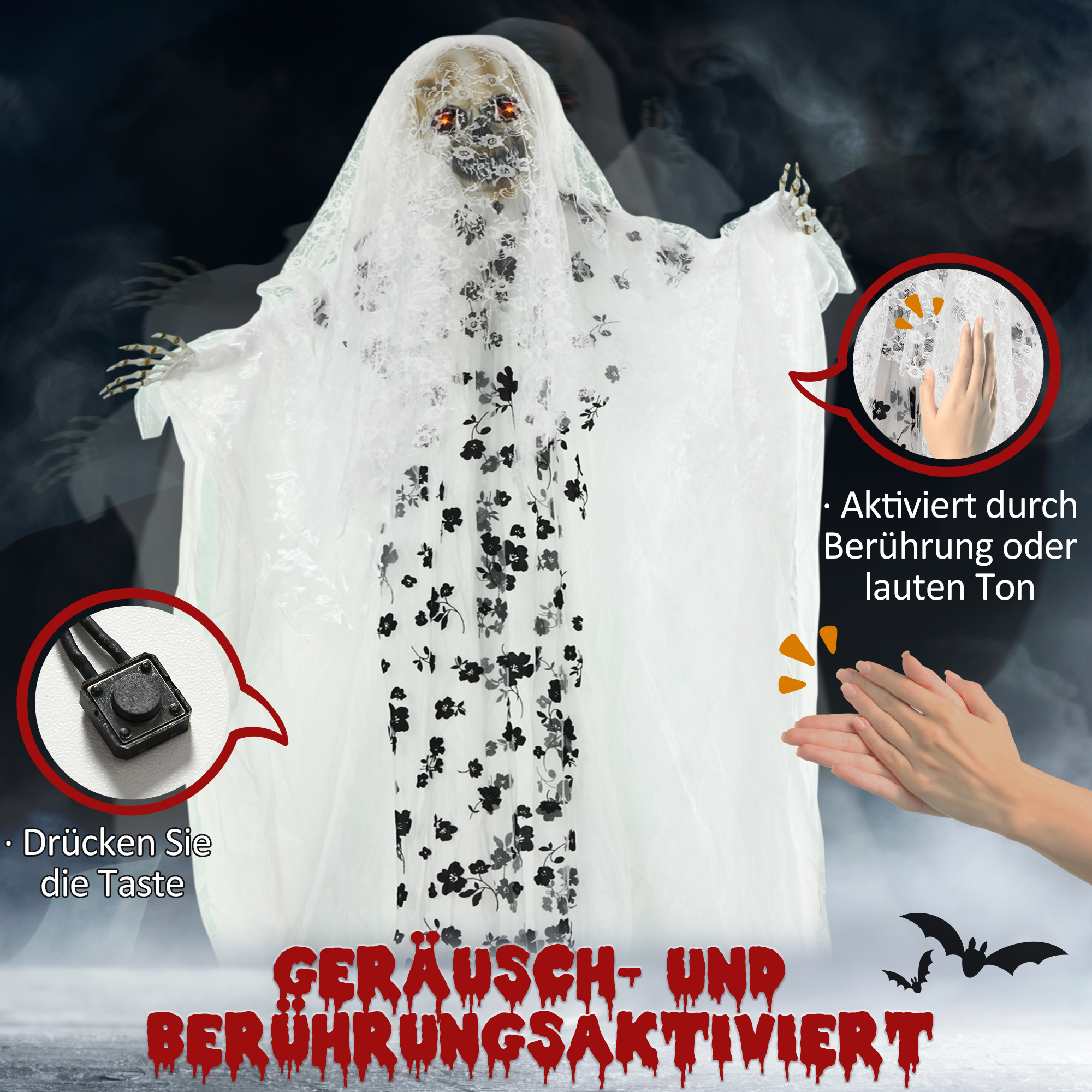 Halloween-Dekoration Geisterbraut, Schreie & Augenleuchten, bewegungsaktiviert, 170cm groß, Indoor