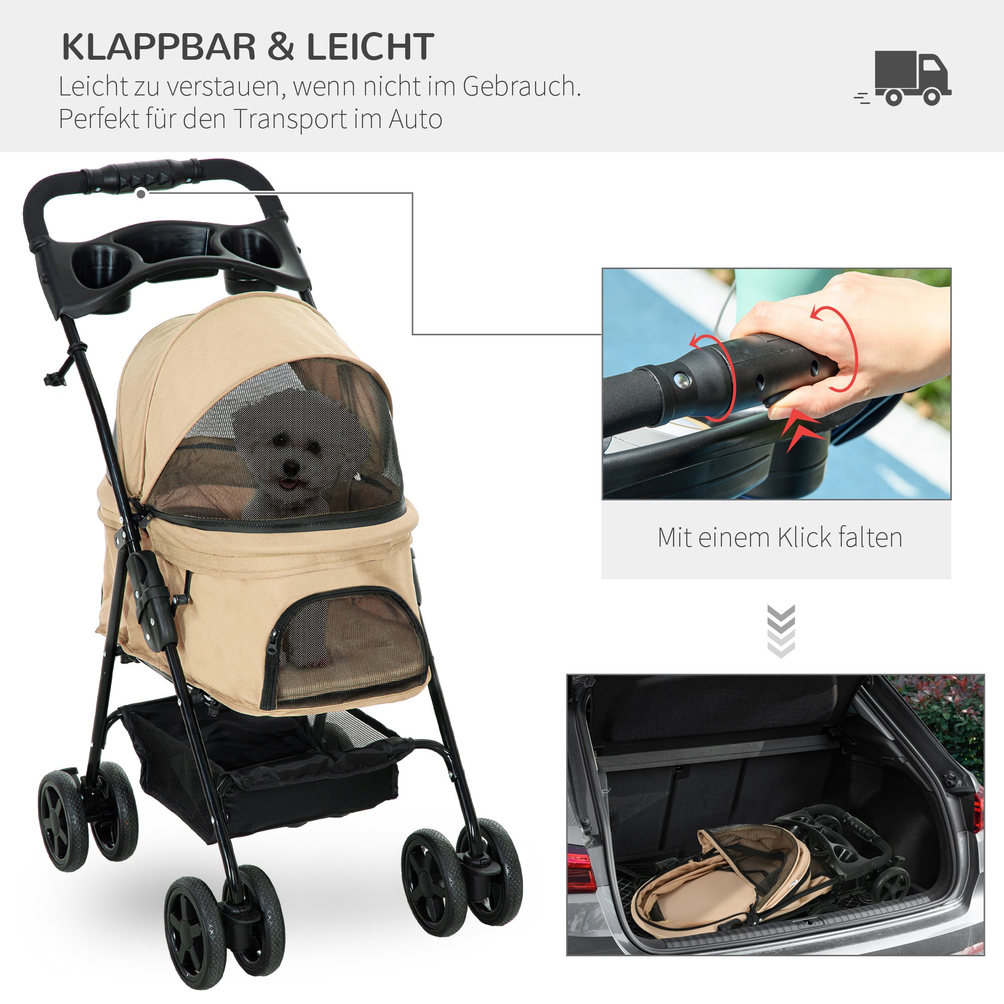 Hundewagen Hundebuggy, klappbar, 2 Sicherheitsleinen, 2 Becherhalter,  67 x 45 x 96 cm, Khaki