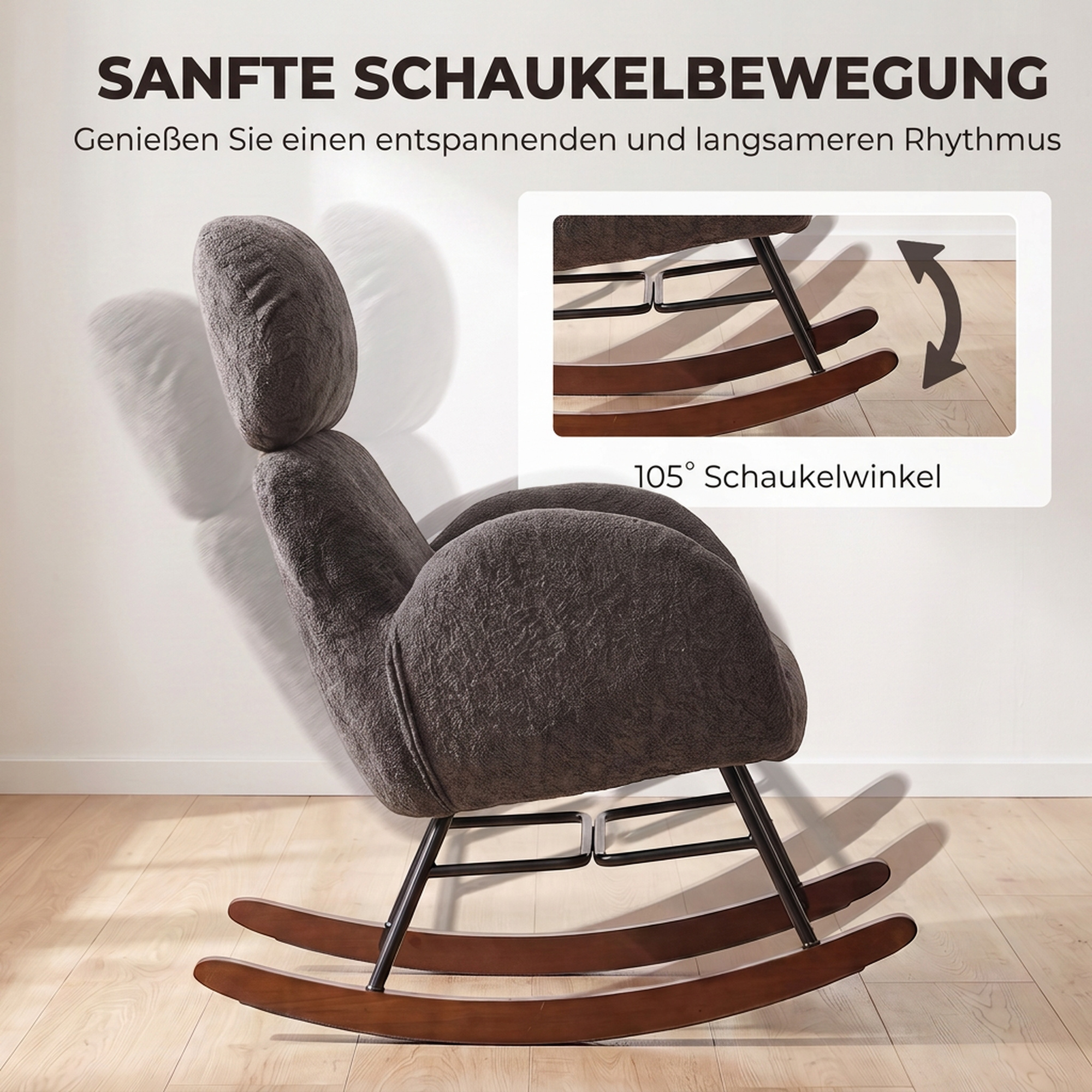 Polster-Schaukelstuhl mit verstellbarer Kopfstütze, Velours in Regentropfen-Optik, Gestell aus Gummibaumholz, Dunkelgrau