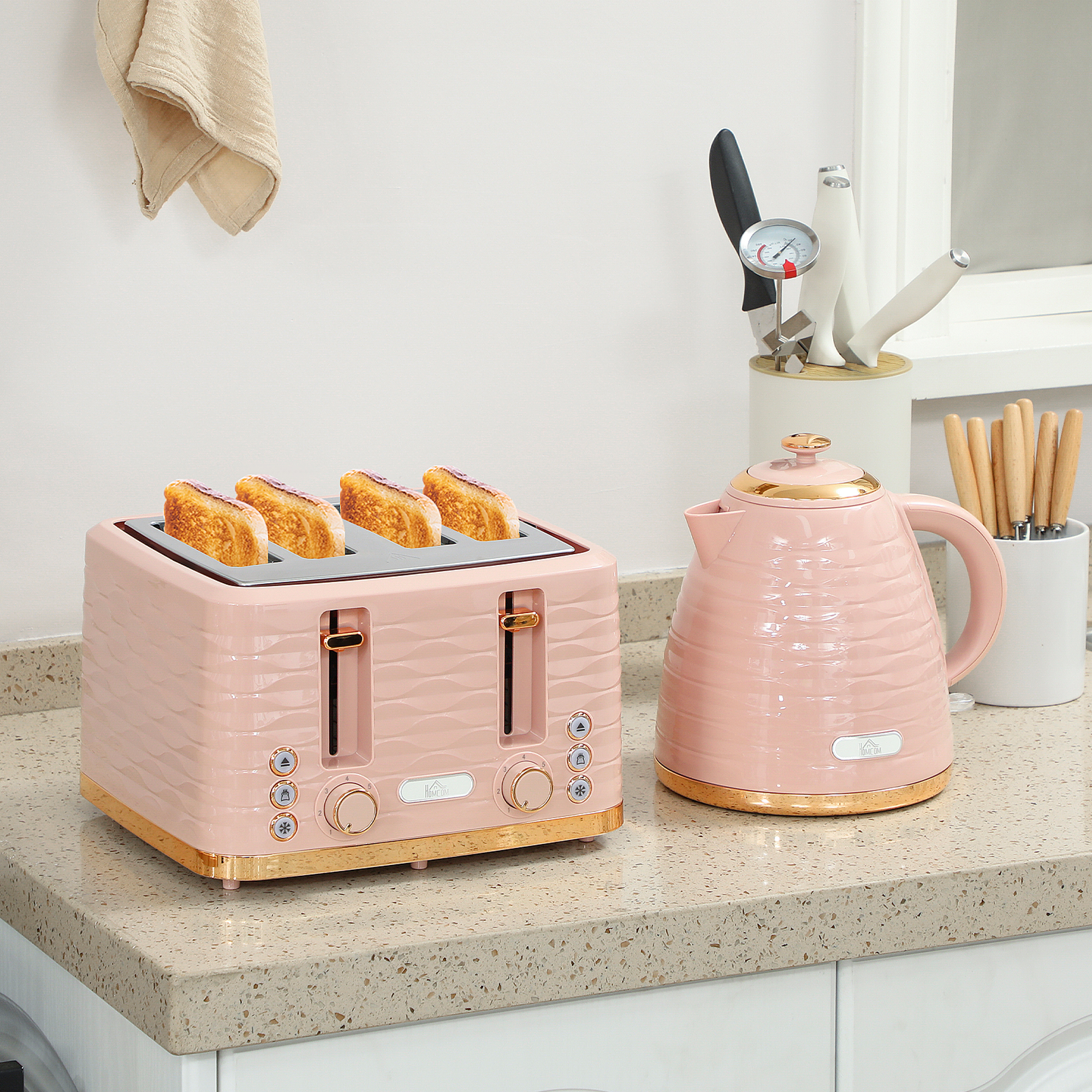 2-in-1 Toaster- und Wasserkocher-Set, 7 Bräunungsstufen, Auftau- und Aufwärmfunktion, Rosa