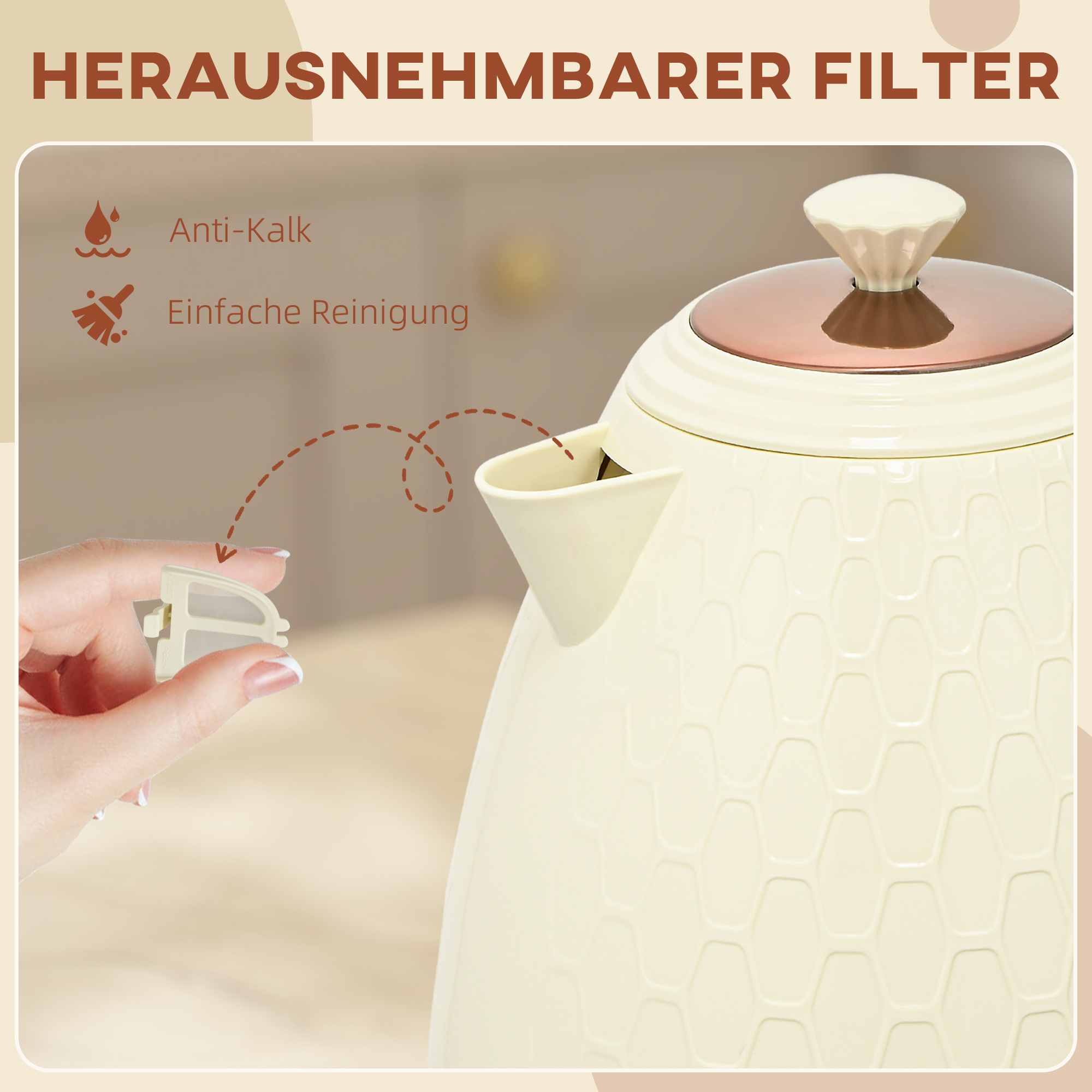 Wasserkocher, 2200W, Sichtfenster, Filter, Schnellkocher, Beige