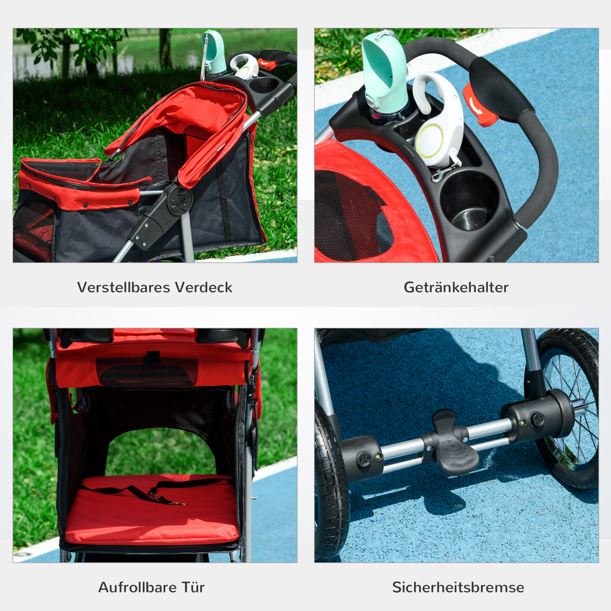 Hundewagen Hundebuggy mit 3 Rädern klappbar bis 10 kg Oxford Rot+Schwarz 109,5 x 54,5 x 106,5 cm