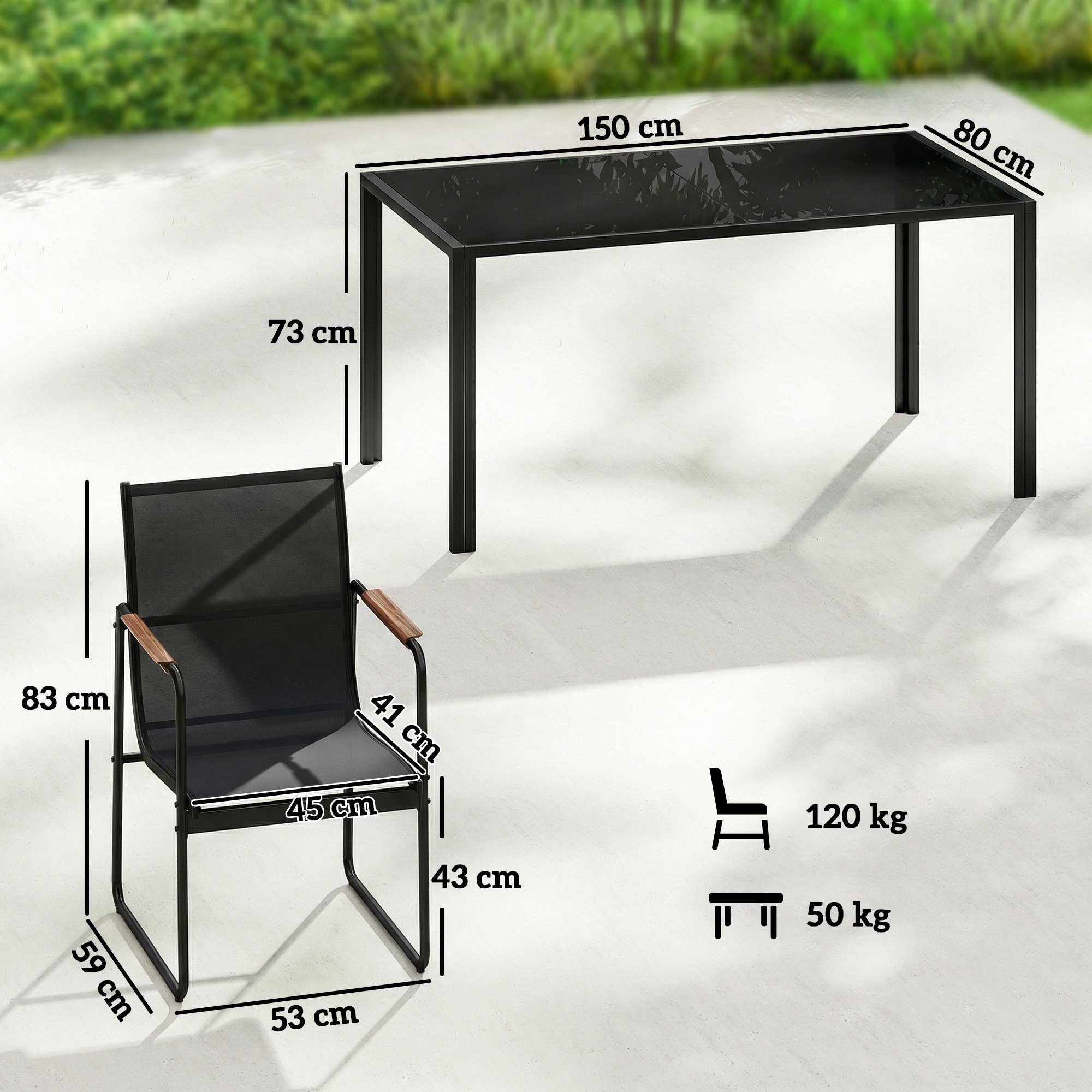 Gartenmöbel Set Sitzgruppe 150 x 80cm Glastisch mit 6 Atmungsaktiven Stühlen Dekorative Armlehnen Schwarz