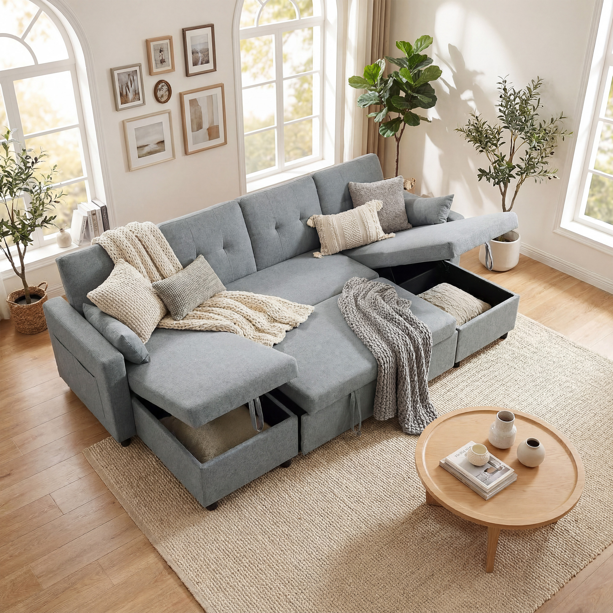 Ecksofa mit Schlaffunktion und Bettkasten U-Form 4-Sitzer Sofa mit Chaiselongue, verstellbarer Rückenlehne, Leinenoptik