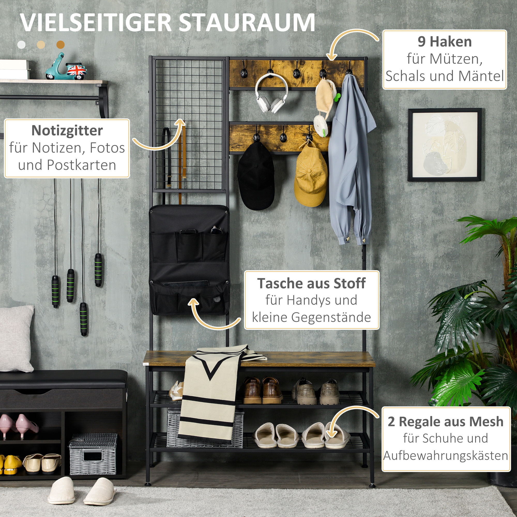 Garderobe im Industriedesign, 1 Memoboard, 1 Schuhbank, 8 Kleiderhaken, 1 Aufbewahrungstasche, Schwarz + Braun