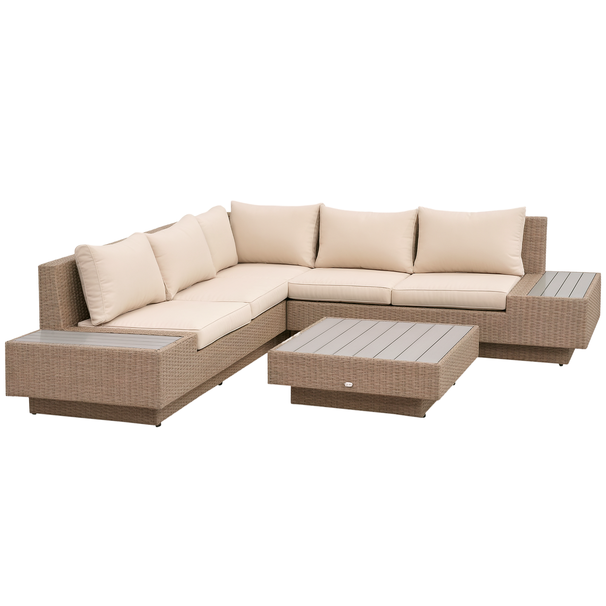 4-tlg. Luxus Polyrattan Gartengarnitur Gartenmöbel Garten-Set Sitzgruppe Loungeset Loungemöbel inkl. Ablagen und Beistelltisch Sitzkissen Braun