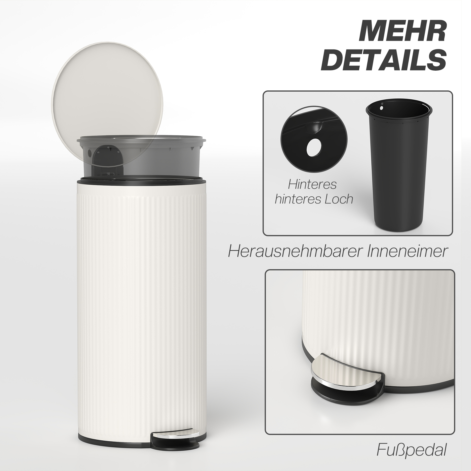 Mülleimer 30 L Treteimer mit Softclose-Deckel und Pedal, Inneneimer Metall, Schwarz, 36 x 30 x 60,5 cm