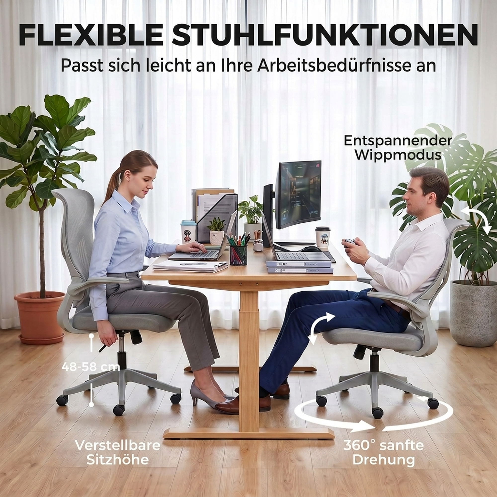ergonomischer Mesh-Bürostuhl, drehbarer Stuhl mit hoher Rückenlehne, klappbaren Armlehnen, Wippfunktion, Grau