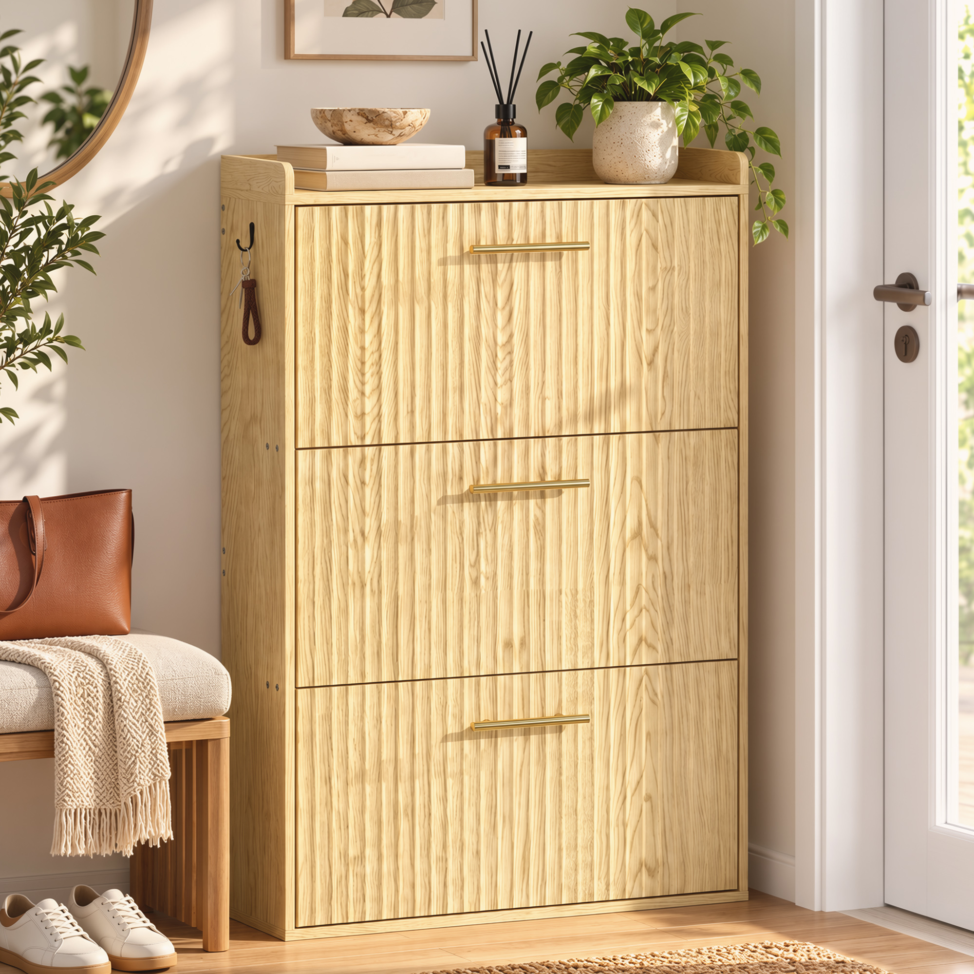 schmaler Schuhschrank mit Klappdesign und 3 Fächern, hellbraun