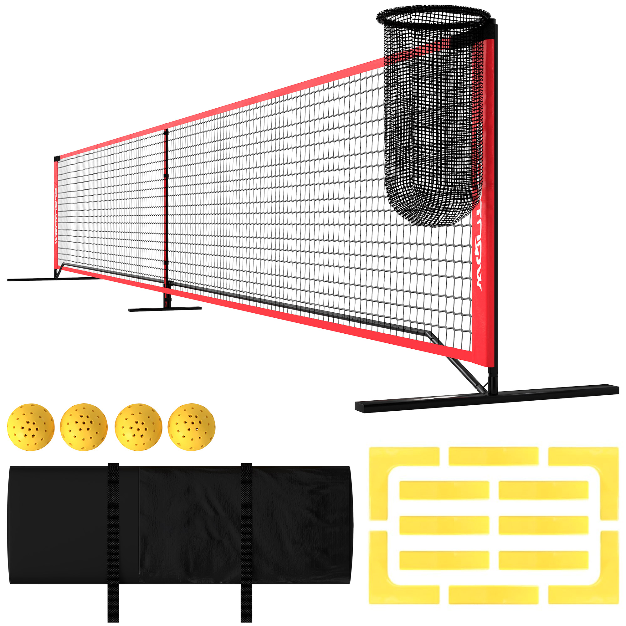 Pickleball-Set mit Netz, Ständer, Bällen, Stahl, Kunststoff, Rot