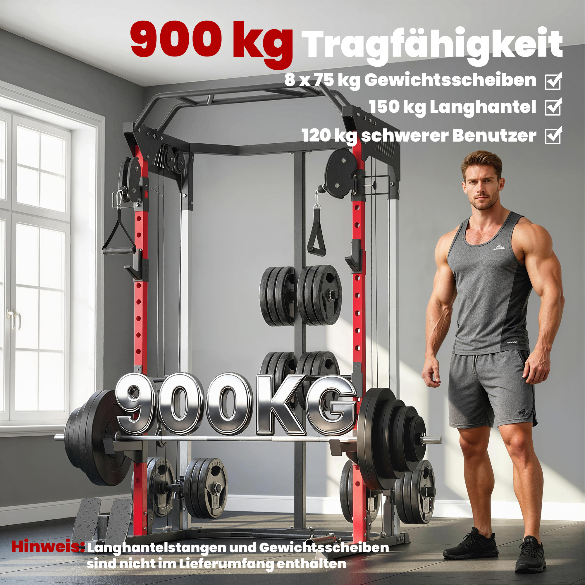 Power Cage Smith Machine, Power Rack mit verstellbarem Kabelzugsystem, multifunktional bis 300kg