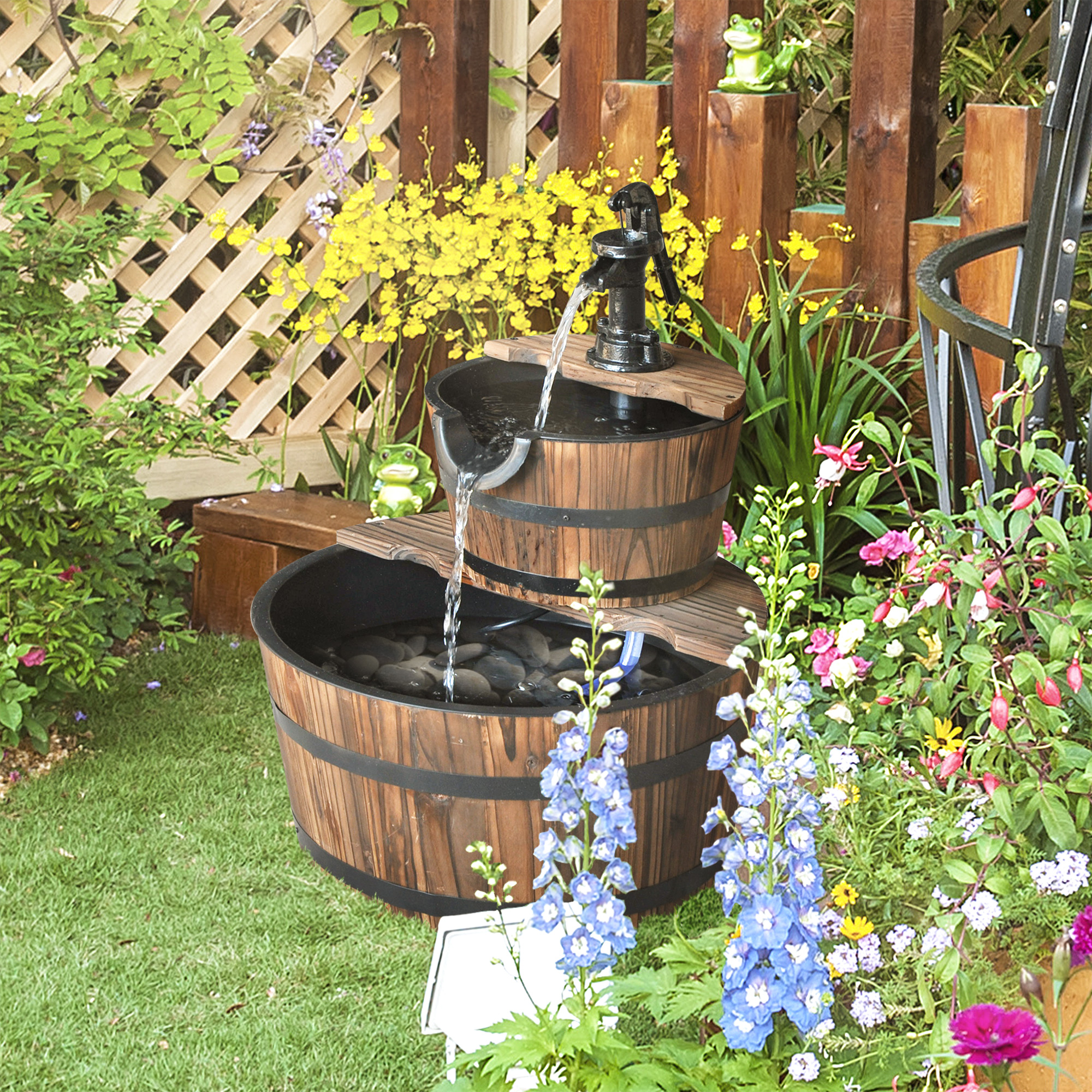 Kaskadenbrunnen 2-stufig Gartenbrunnen Zierbrunnen Zimmerbrunnen Wasserspiel Wasserfall Wasserpumpe Tannenholz Dunkelbraun 44,5 x 44,5 x 58,5 cm