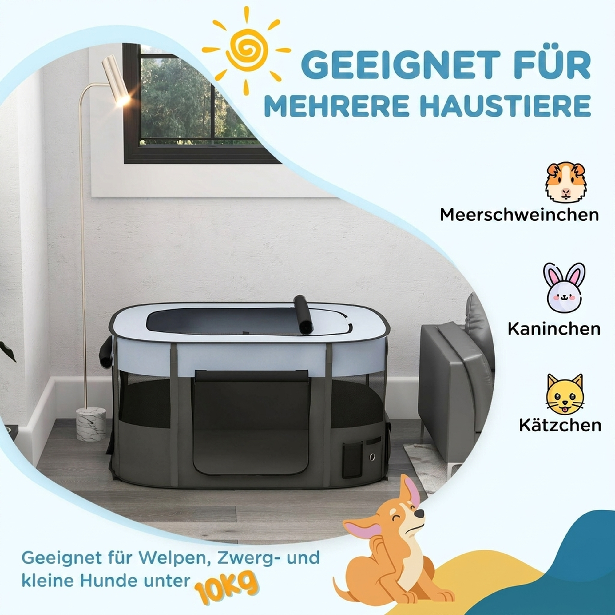 Spielgehege für Haustiere, faltbar, mit Aufbewahrungstasche, für Welpen und Kätzchen, drinnen und draußen, Grau