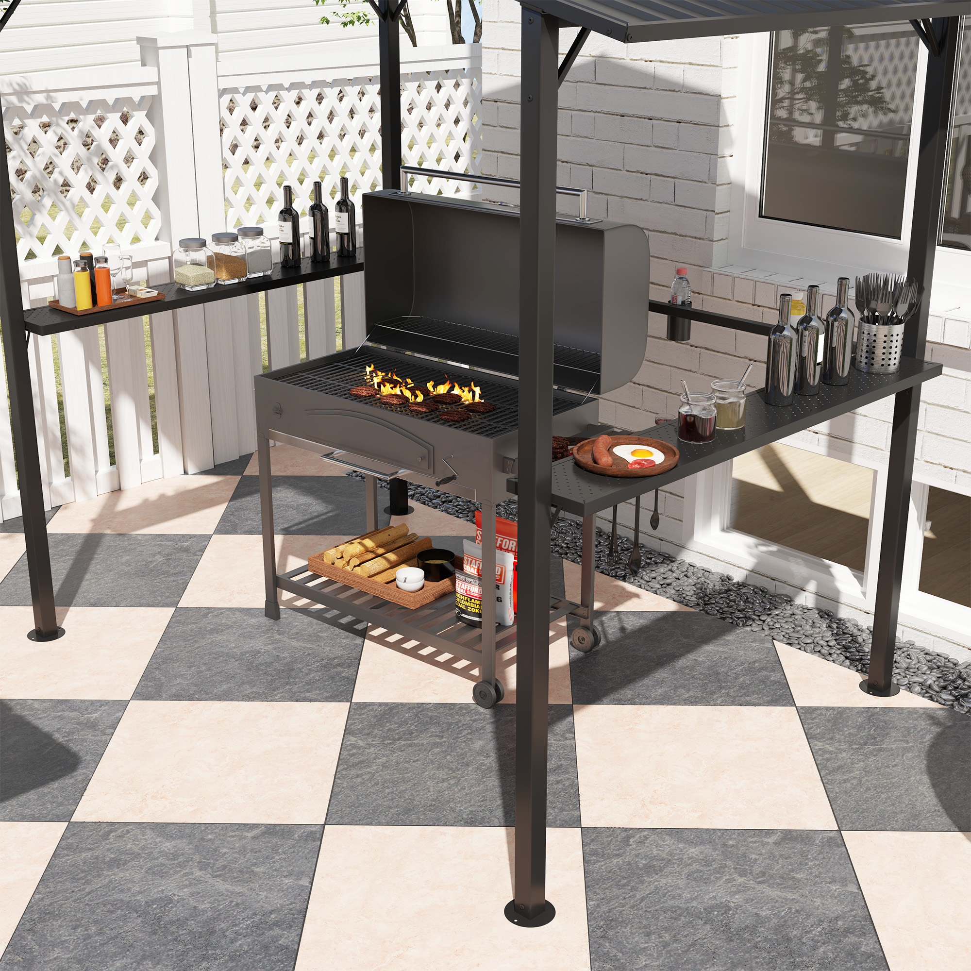 Grillpavillon 250 x 160 x 250 cm wasserdicht Gartenpavillon mit Doppelschichtdach, Seitenregalen Schwarz