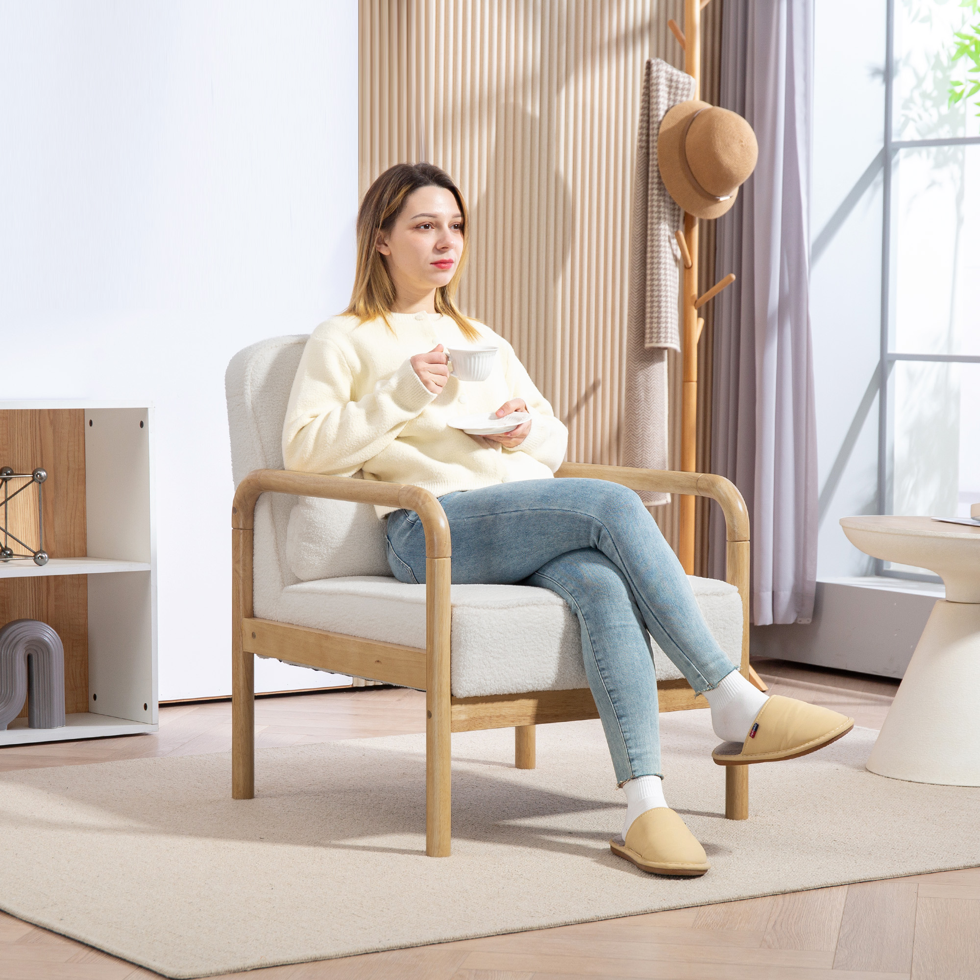 Akzentstuhl, Polsterstuhl mit Stoffbezug, Kautschukholzrahmen, Moderner Stuhl mit Kissen, Weiß