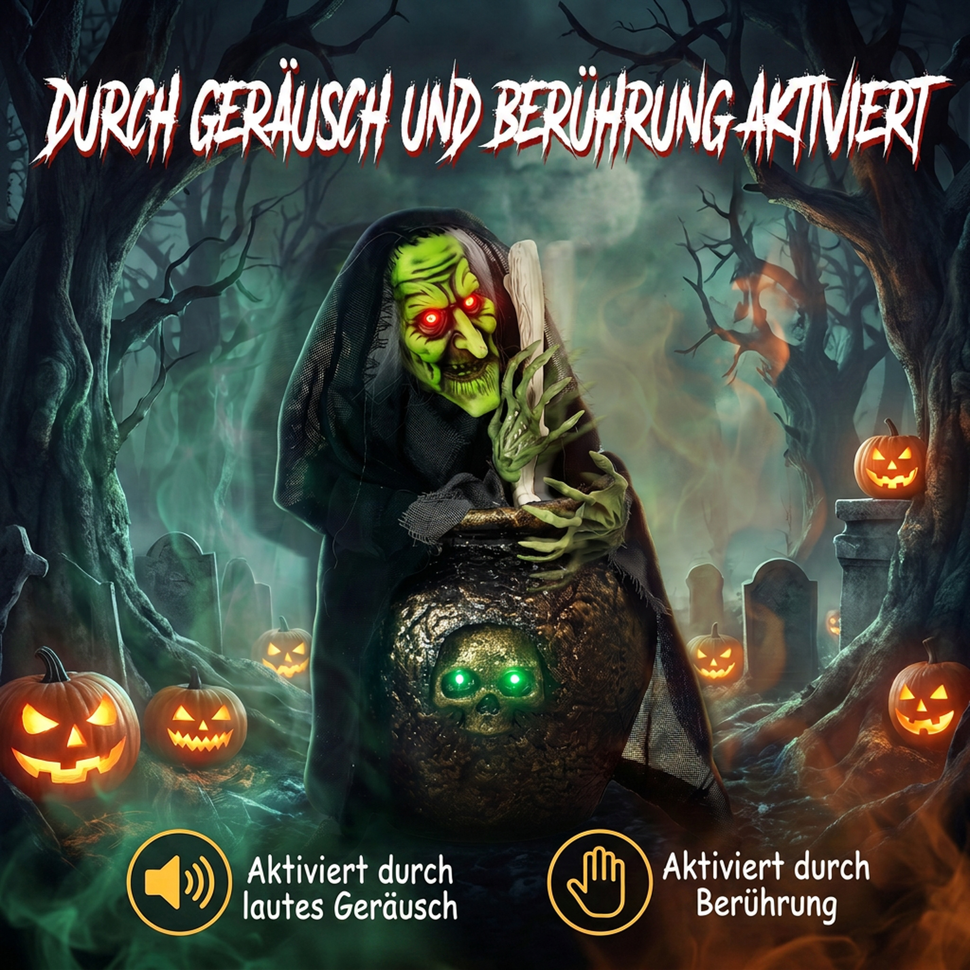 animierte Halloween-Tischhexe mit Lachsound, leuchtenden Augen und Sound-/Touch-Aktivierung