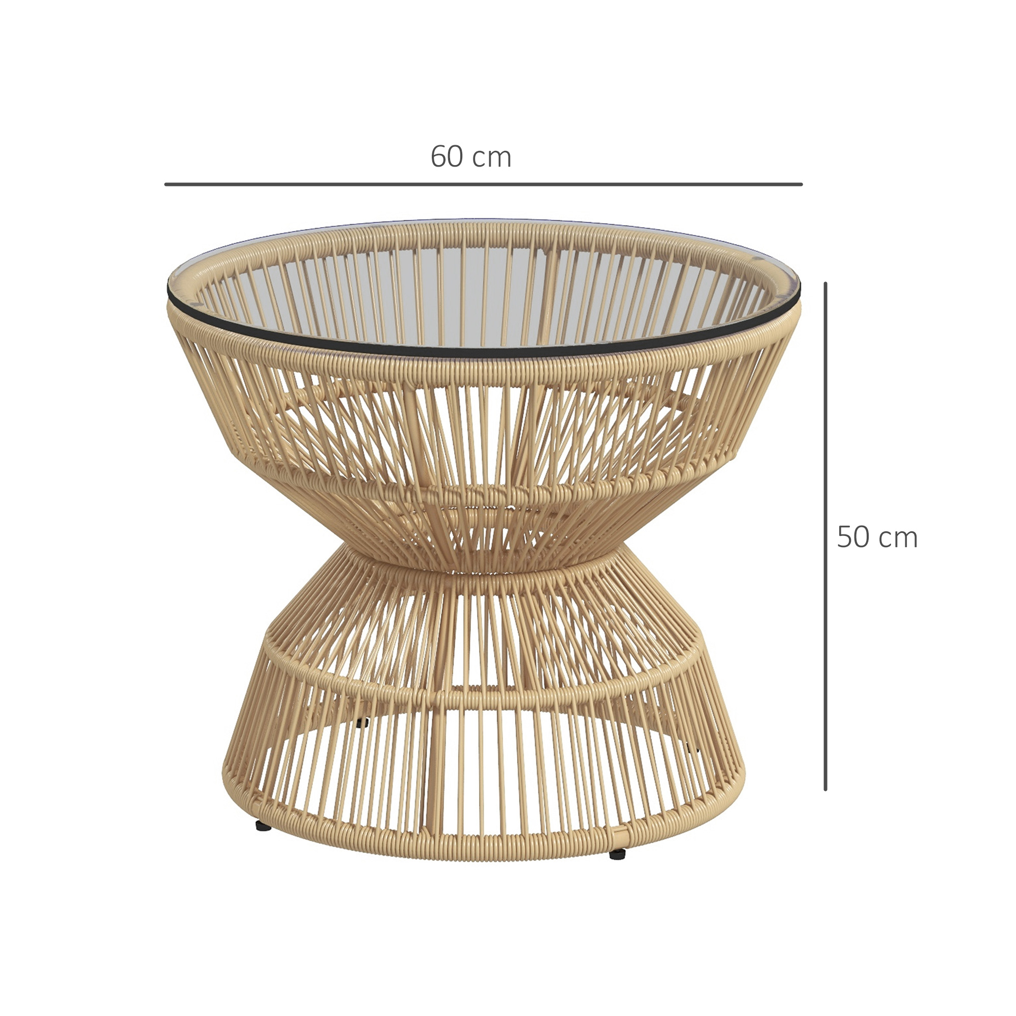 Outdoor-Beistelltisch Gartentisch Rattan-Beistelltisch, Glasplatte, PE-Rattan, 60 cm x 60 cm x 50 cm, Natur