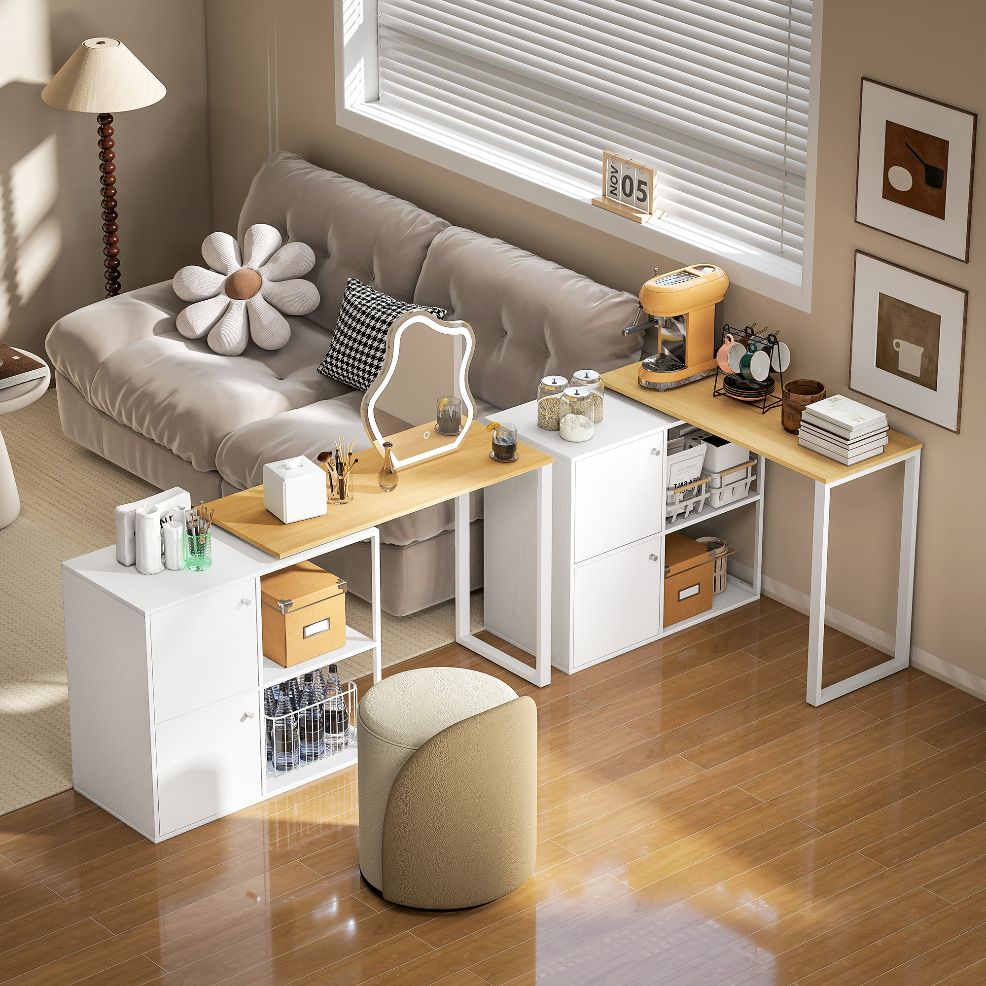 Schreibtisch L-förmig, 360° drehbarer Eckschreibtisch mit 2 Lagerschränken, 2 offenen Regalen, Computertisch für kleine Räume, Arbeitszimmer, Wohnzimmer, 150x40x75 cm, Weiß