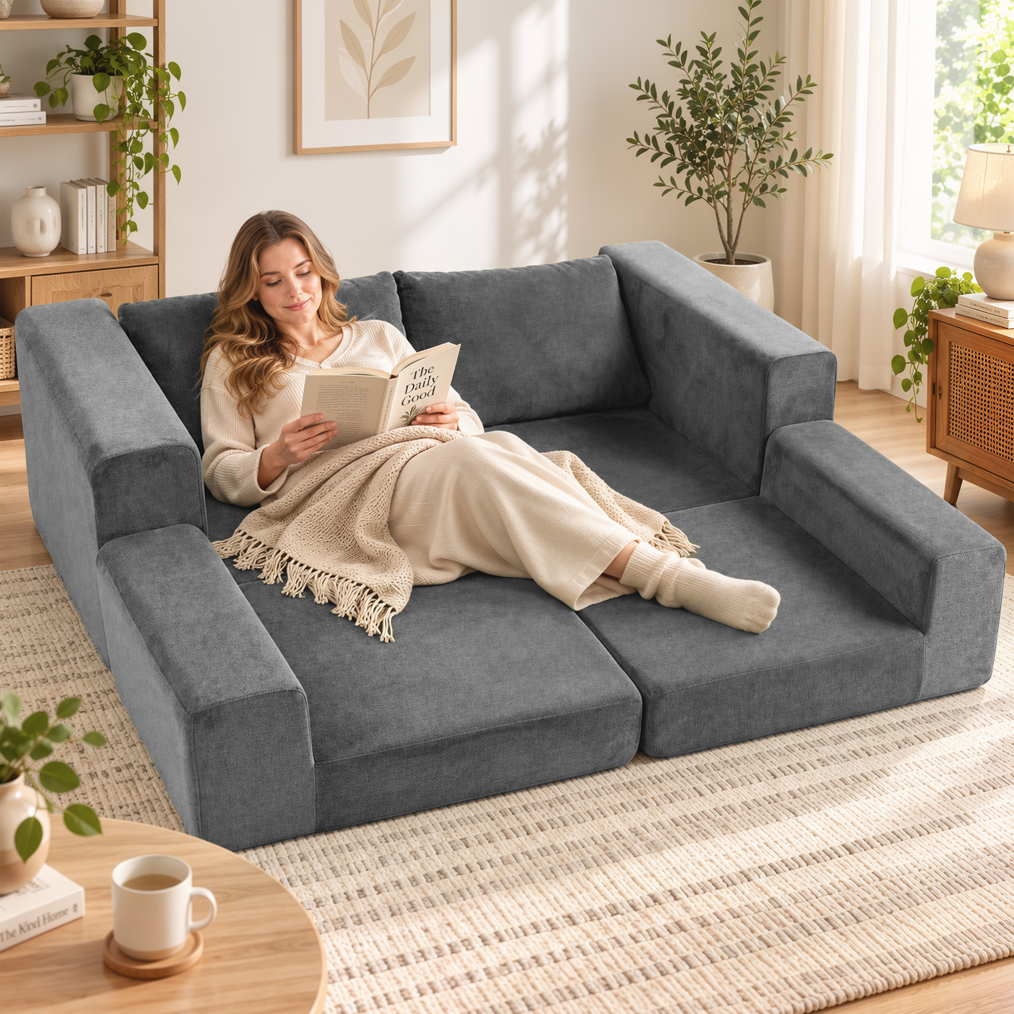 Schlafsofa 4-in-1 Schlaffunktion ausziehbar Klappsofa Kissen 2 Sitzer Grau