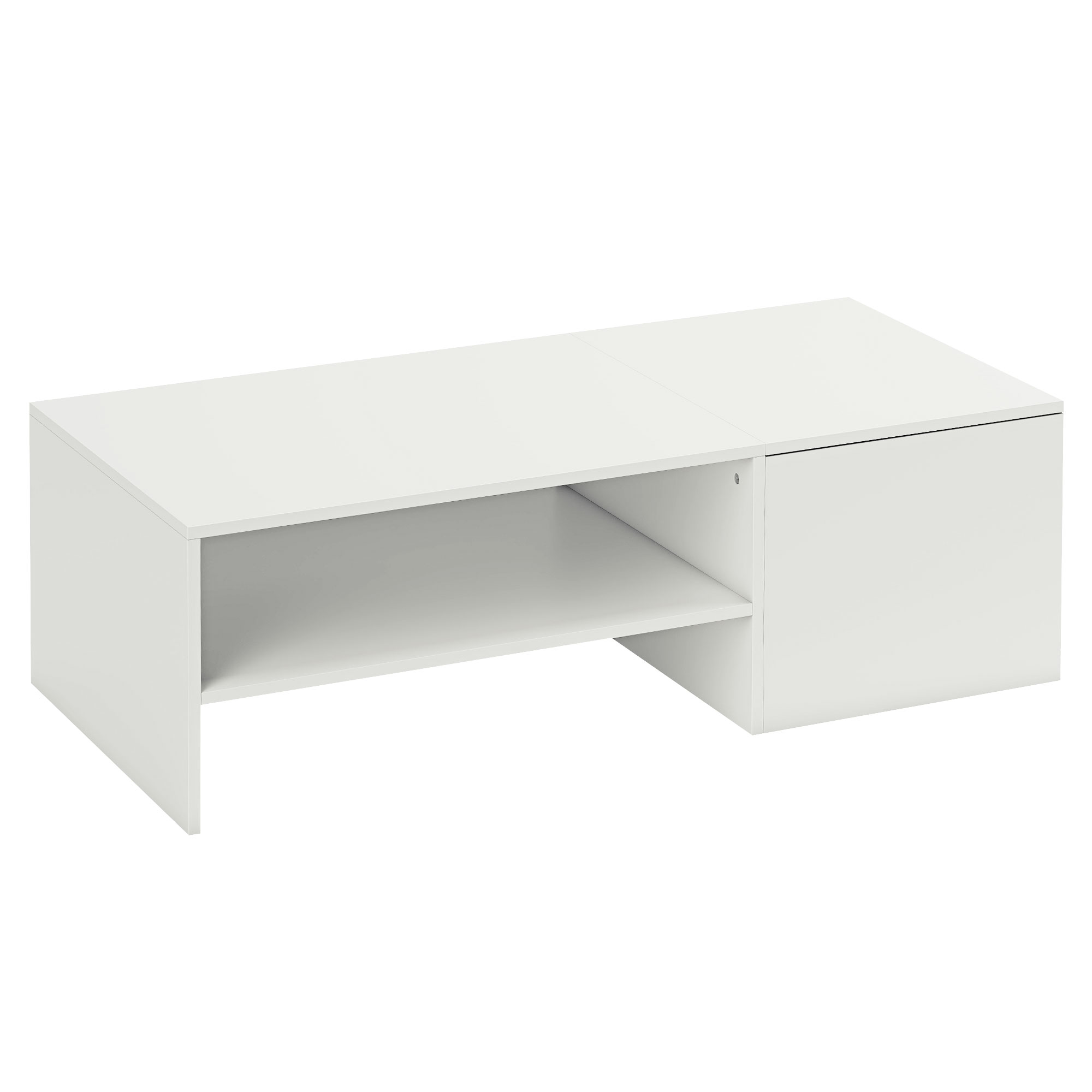 verstellbarer Couchtisch, Metallschienen, Spanplatte, Fußpads, Weiß