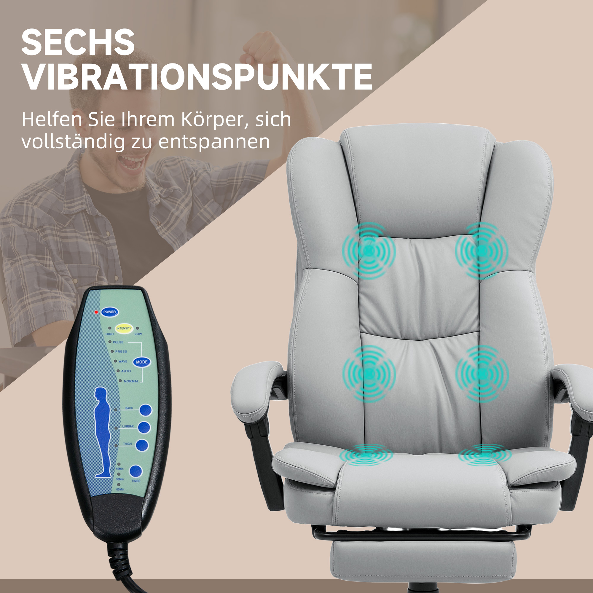 verstellbarer Drehstuhl mit Fußstütze, Kopfstütze, Massagefunktion, Kunstleder, 68,5x68,5x113-121cm