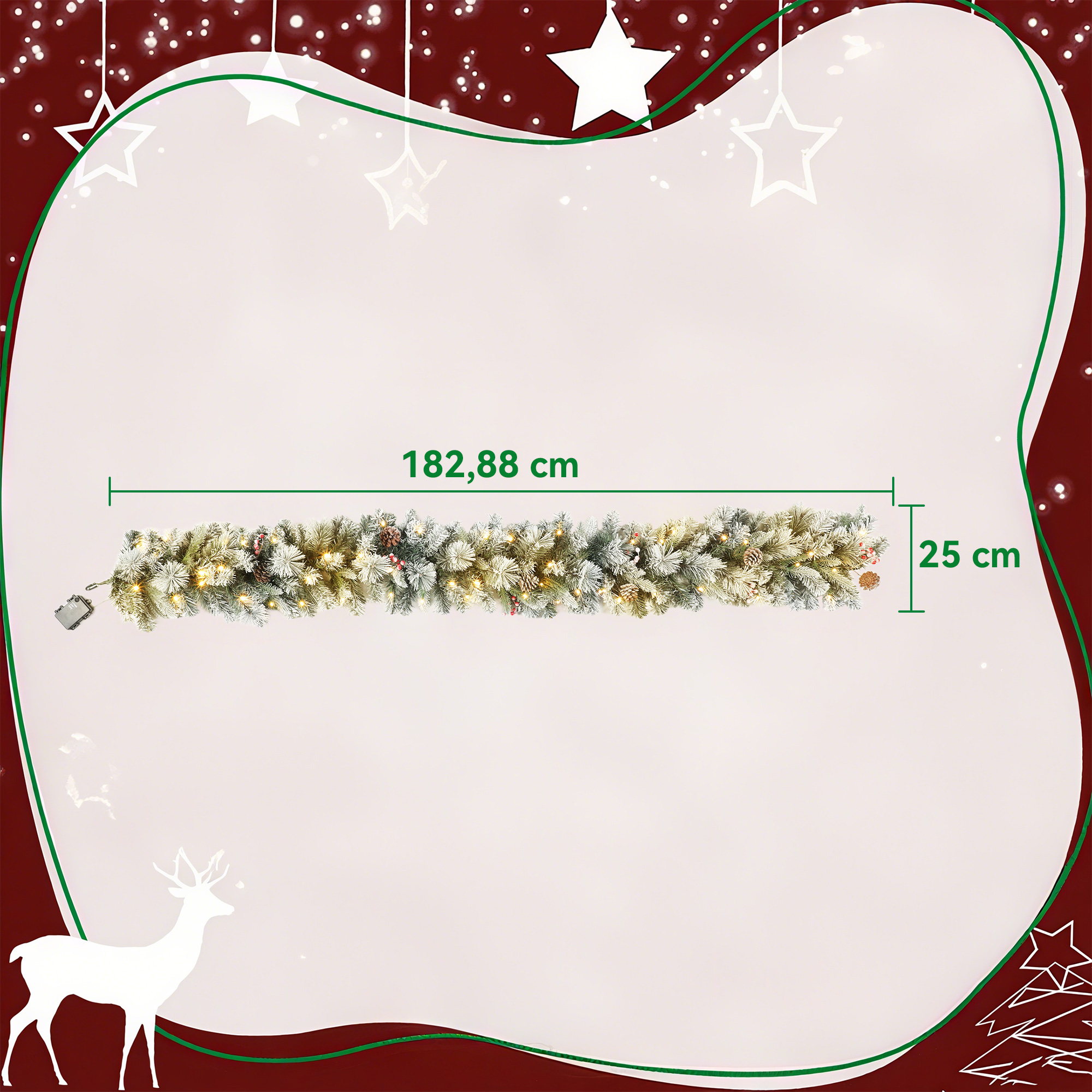Weihnachtsgirlande mit 216 Schneebestäubten Zweigen, 50 LED-Lichtern, Ø25x180 cm, Grün & Weiß