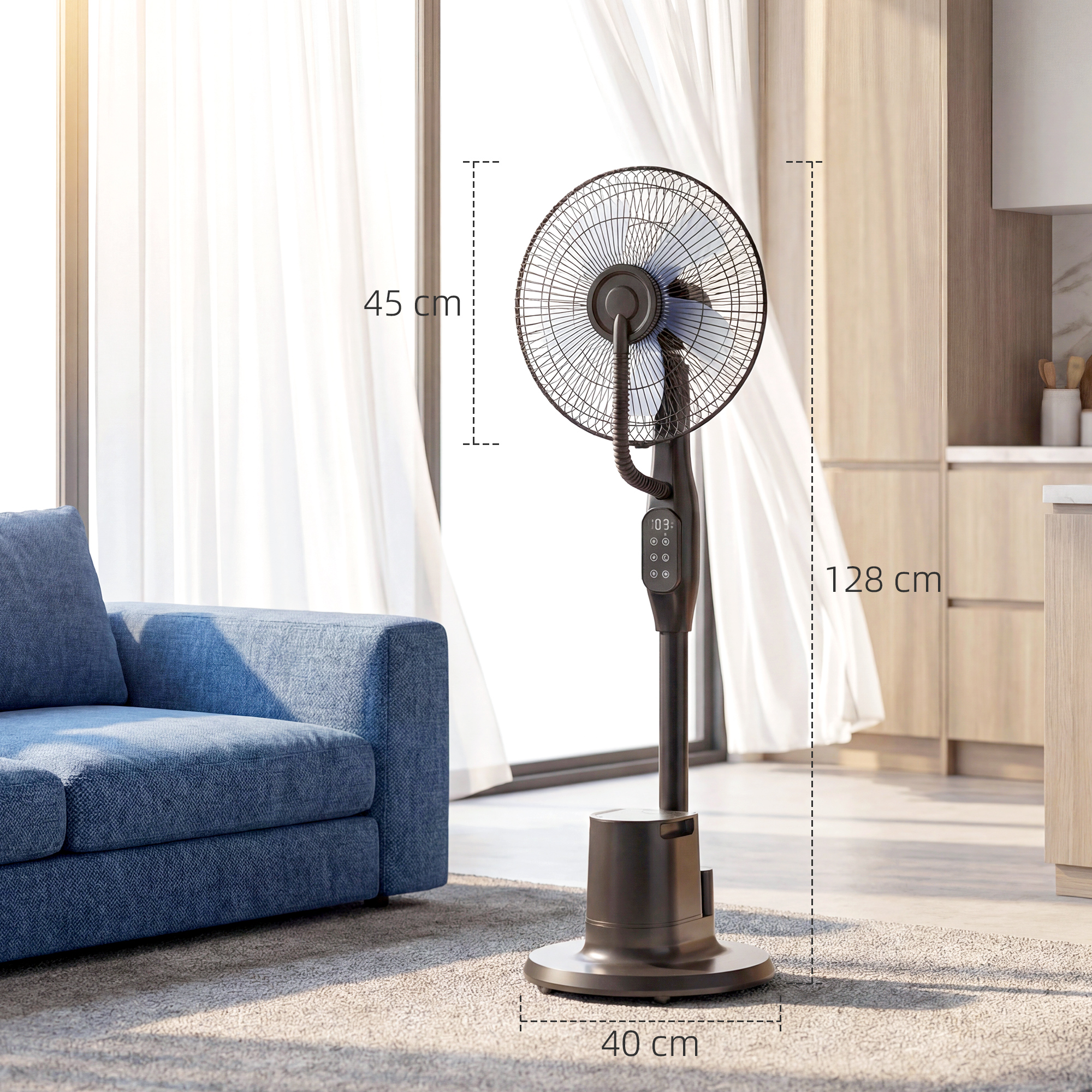 Stehventilator mit Sprühnebel, 70° Oszillation, 3 Geschwindigkeiten, 3 Modi, 3,5L Wassertank, Schwarz