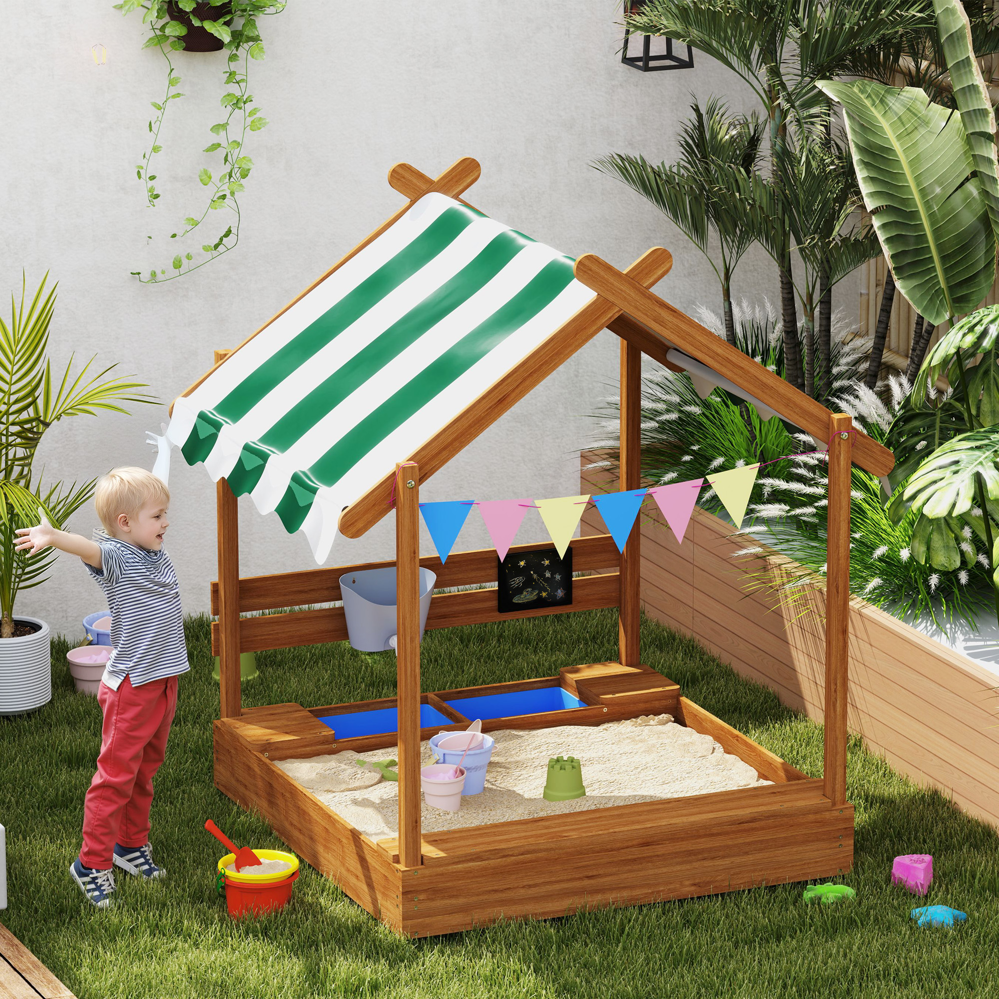 Sandkasten mit Sonnenschutz, Spielhaus-Design, mit Spielzeug-Set, behandeltes Massivholz, 124 x 116 x 146 cm, Grün