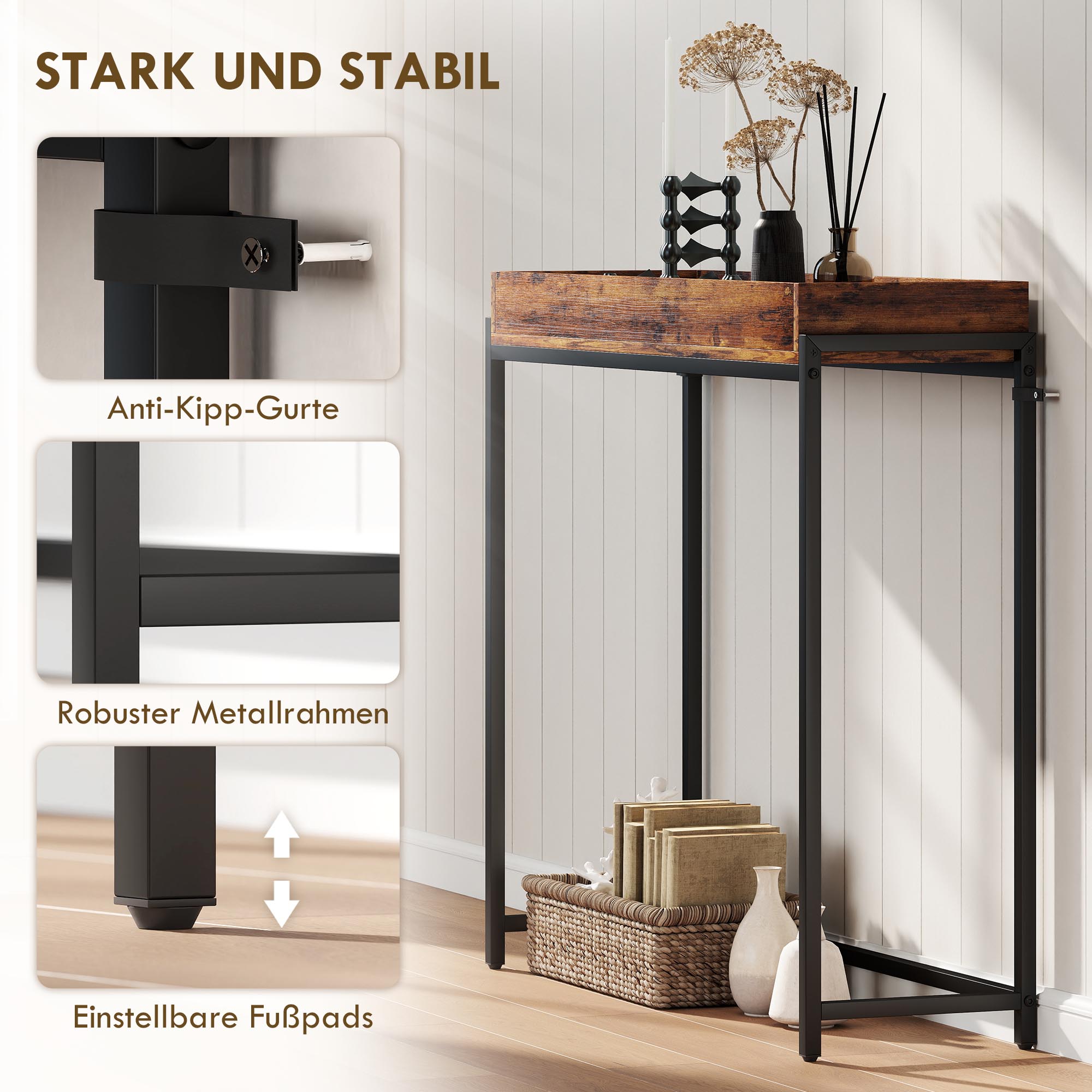 Flurtisch, schmaler Konsolentisch, Metall, Spanplatte, Rustikal-Braun