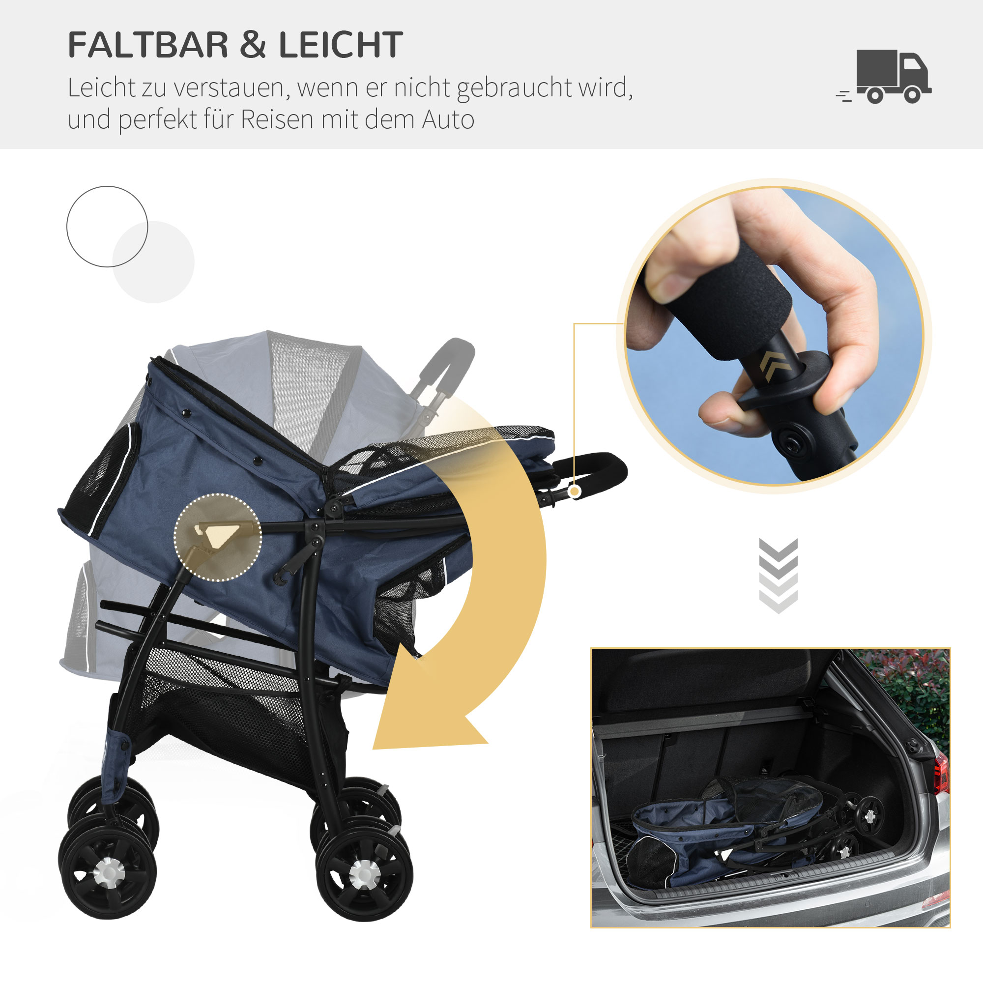 Hundewagen Hundebuggy bis 10 kg Klappbar Bodenkorb Kissen Seitentasche 81 cm x 48 cm x 99 cm Grau