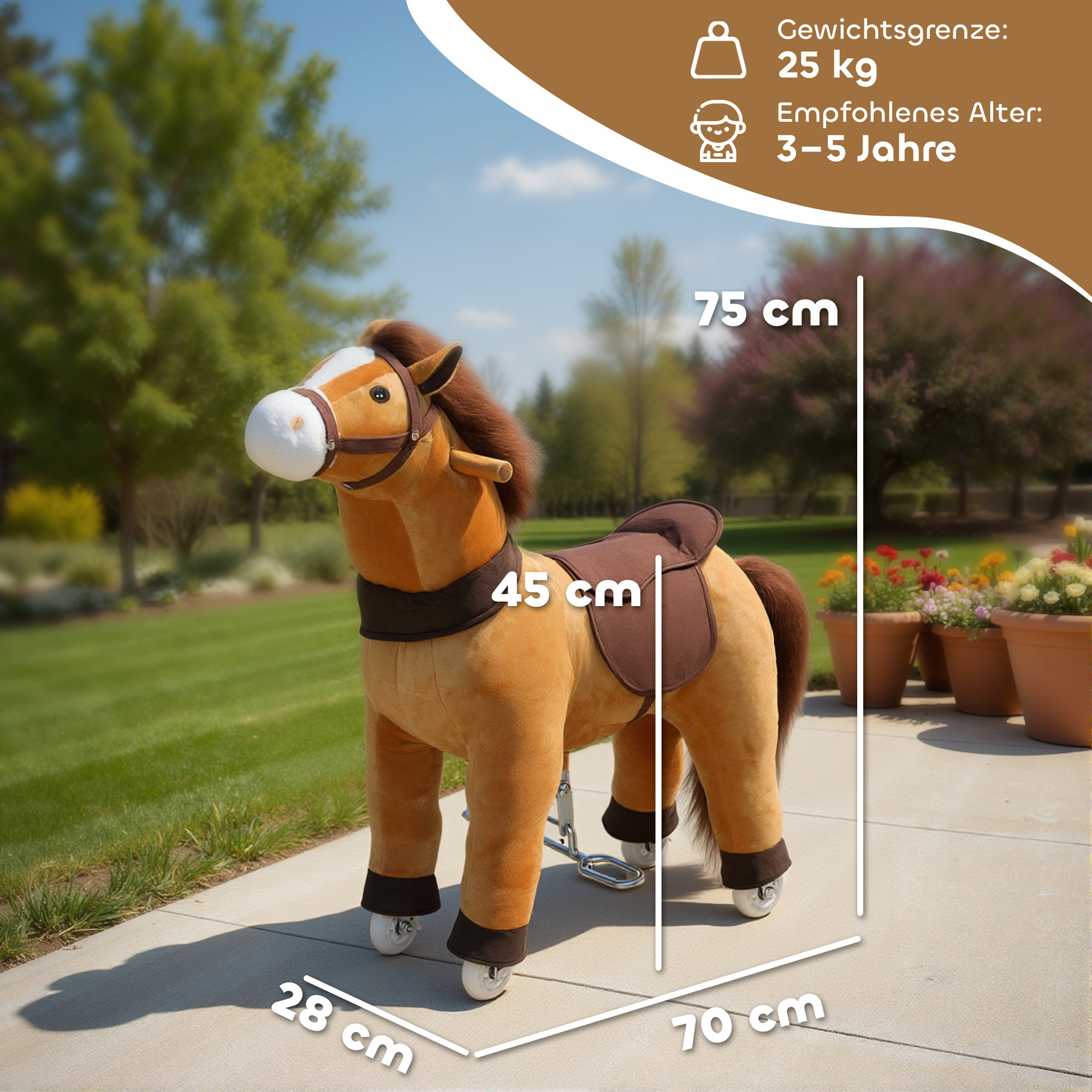 Reitpferd für Kinder, Stoffbezug, stabiler Rahmen, sanfte Räder, Schaukelpferd, 3-5 Jahre, Dunkelbraun