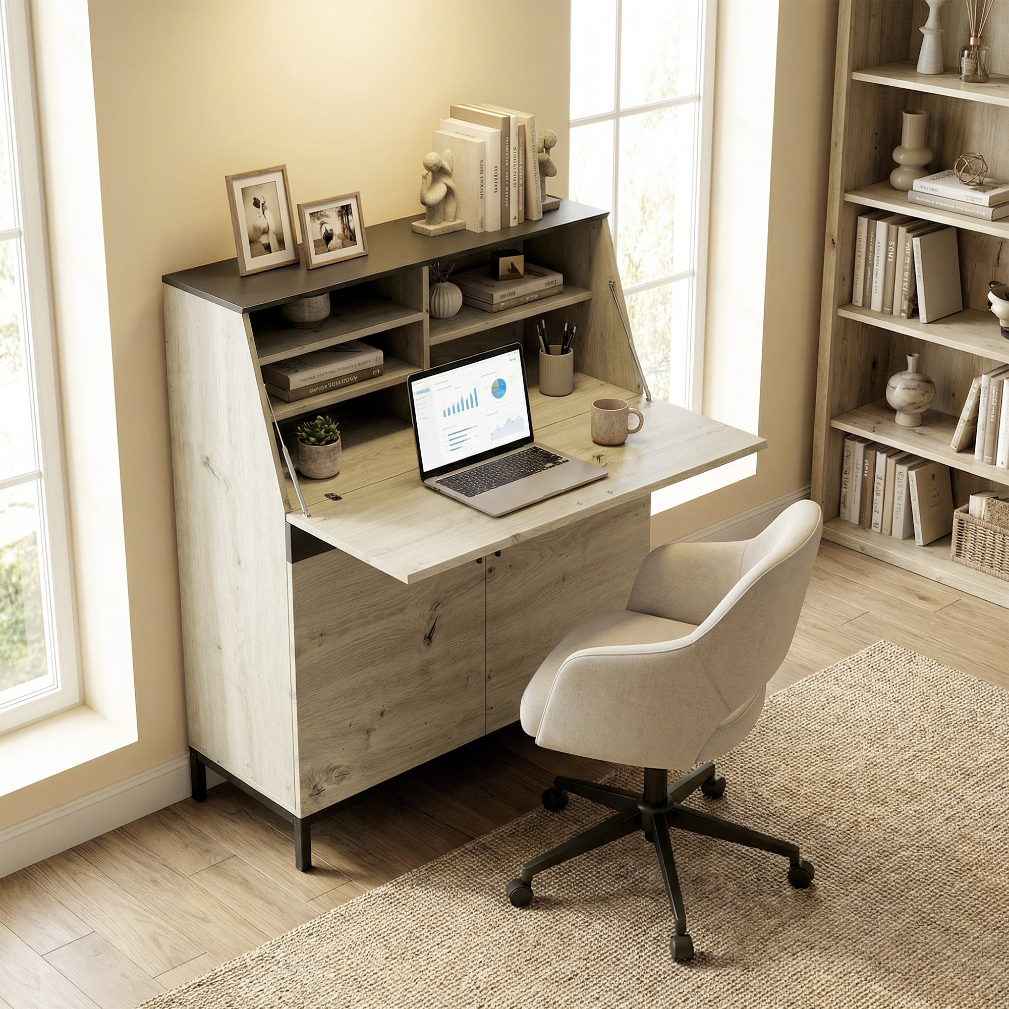 Industrieller Sekretär-Schreibtisch mit Regalen und Metallrahmen 100 cm Naturholz und Schwarz