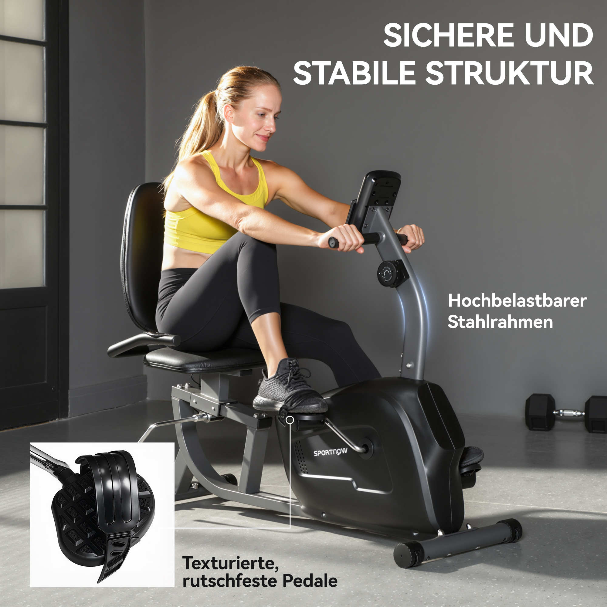 Heimtrainer, Magnet-Liegerad, 8 Widerstandsstufen, verstellbar, LCD-Monitor, Metall, Kunststoff, Schwarz