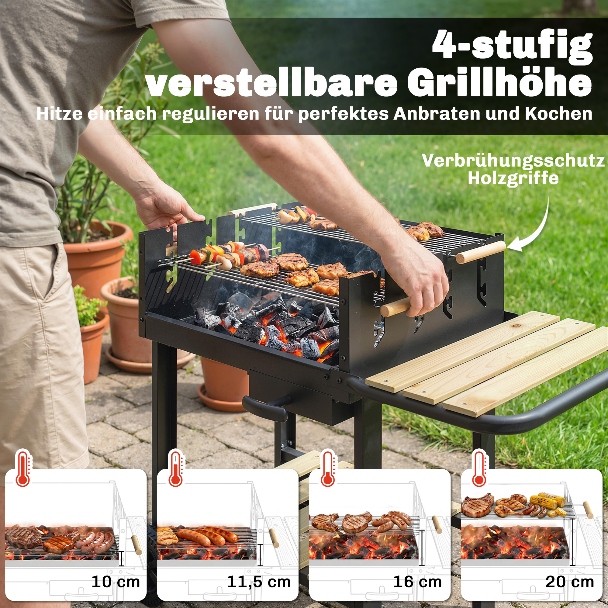 Holzkohlegrill Grillwagen mit 4-fach höhenverstellbarer Grillrost 2 Holzablage 2 Räder Aschebehälter 99,5 x 58 x 82 cm