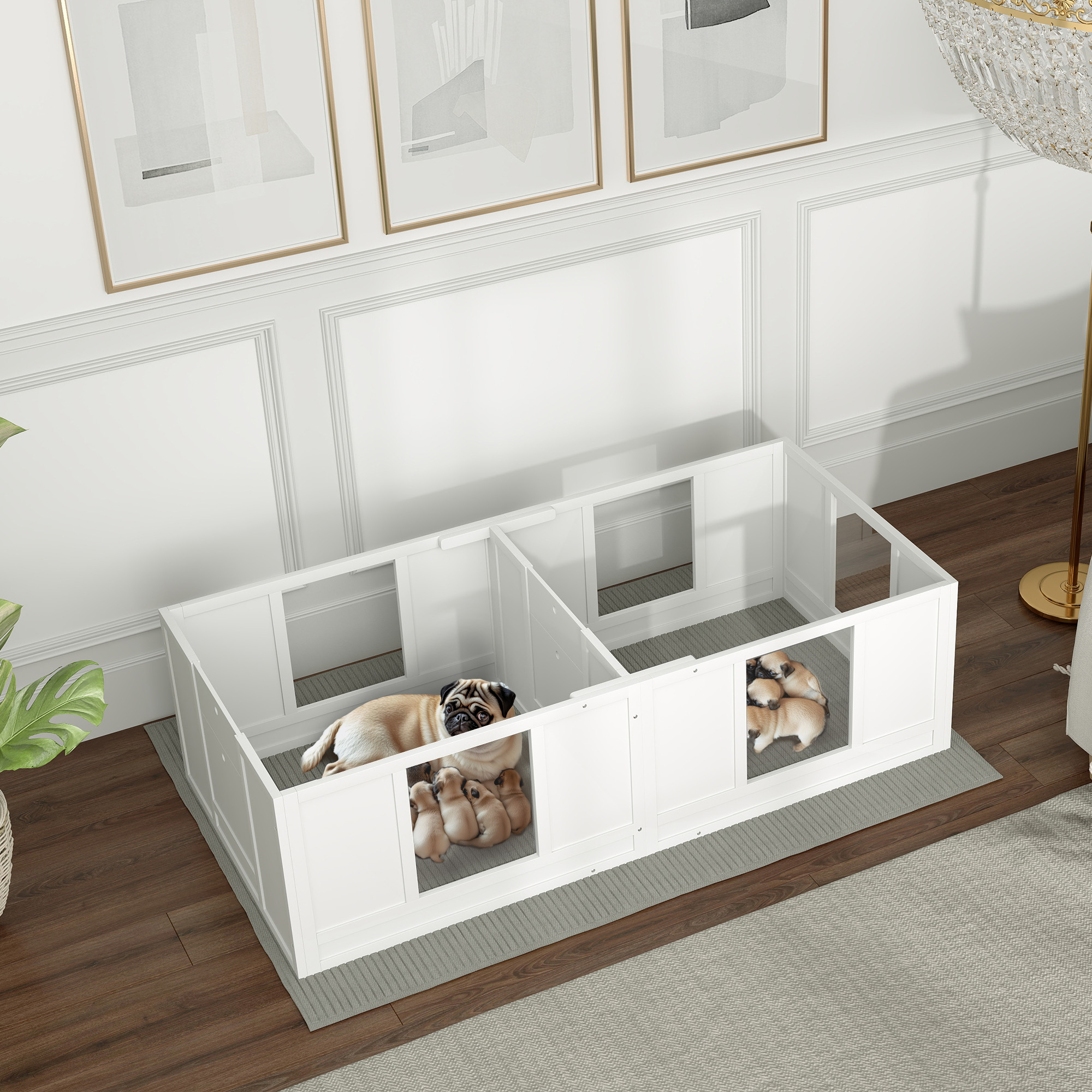 Welpenbox für Hunde, mit  klaren Paneelen, 2-Raum-Design, für kleine Hunde