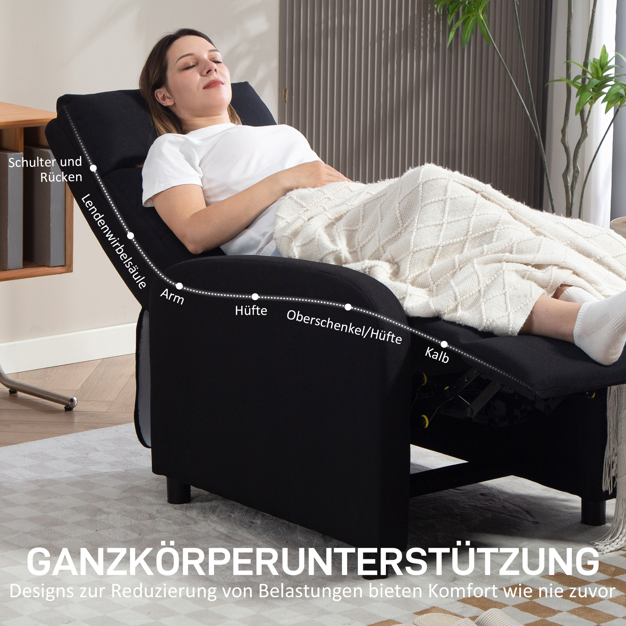 Relaxsessel mit Liegefunktion, ausfahrbares Fußteil, Taschenfederkern, bis 150 kg, Schwarz
