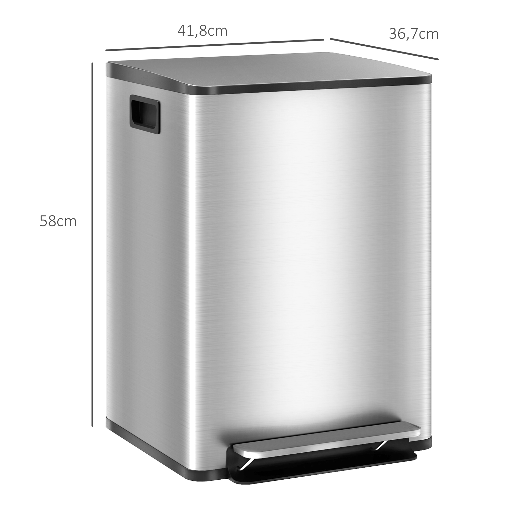 Mülleimer mit 2x20l Fächern, Soft-Close-Deckel, Fingerabdrucksicher, Edelstahl, Silber