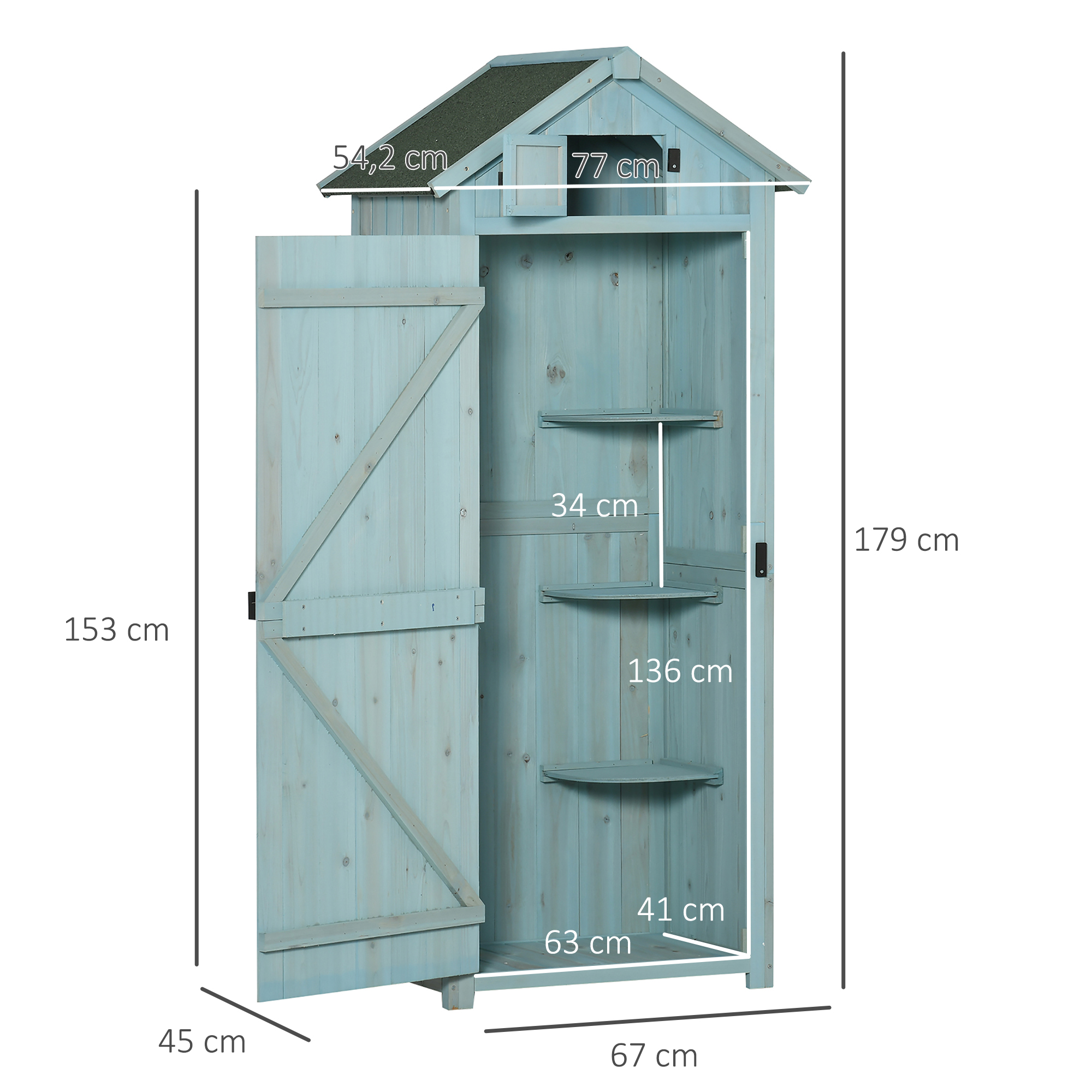 Gartenschrank Holz, Geräteschuppen wetterfest 77x54,2x179cm, Gerätehaus mit Tür, Satteldach, Geräteschrank mit Böden, Werkzeugschrank Gartenschuppen für Garten, Terrasse, Hellblau+Grün
